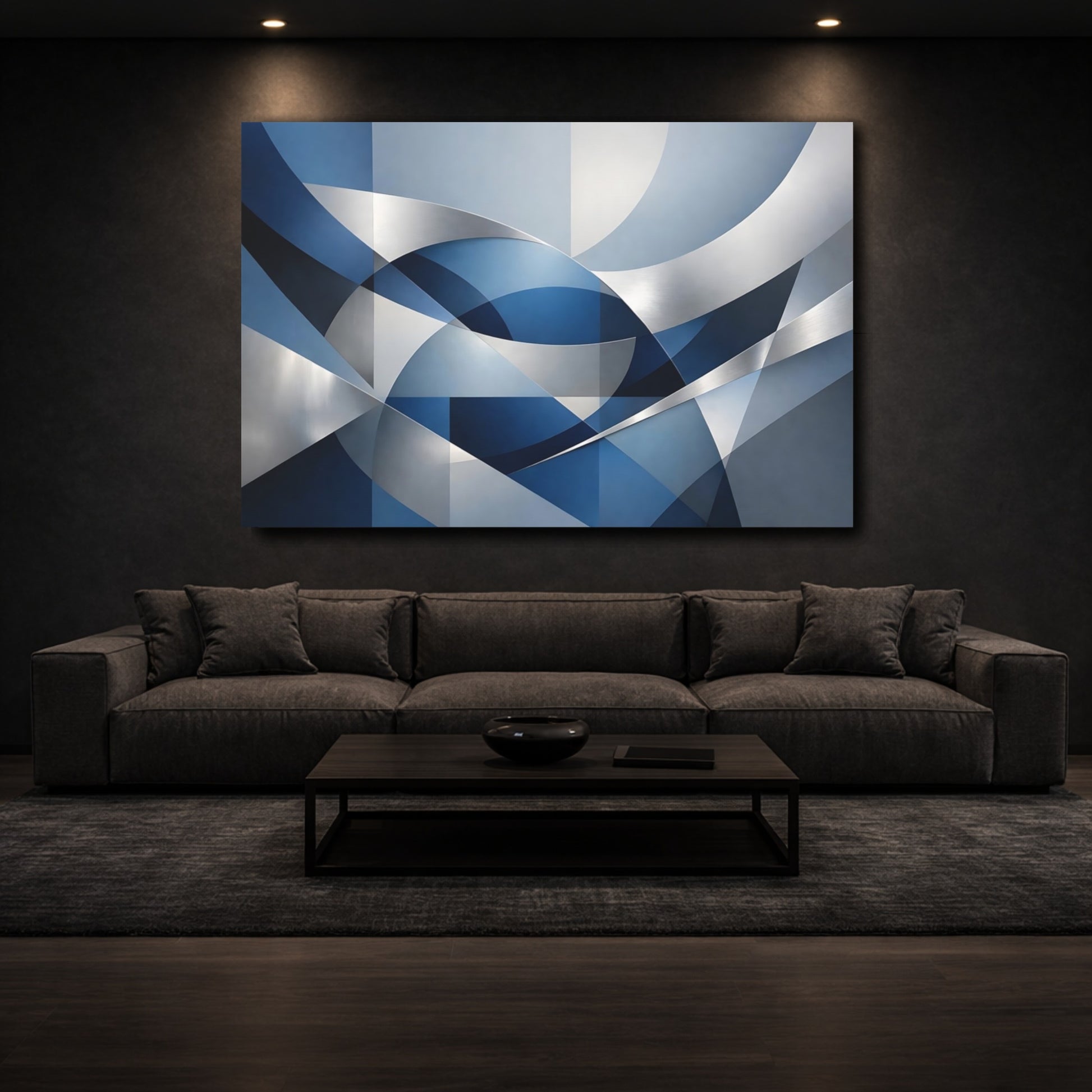 Mockup 2. Abstract Geometric Forms Blue And Silver shown as stretched canvas wall art