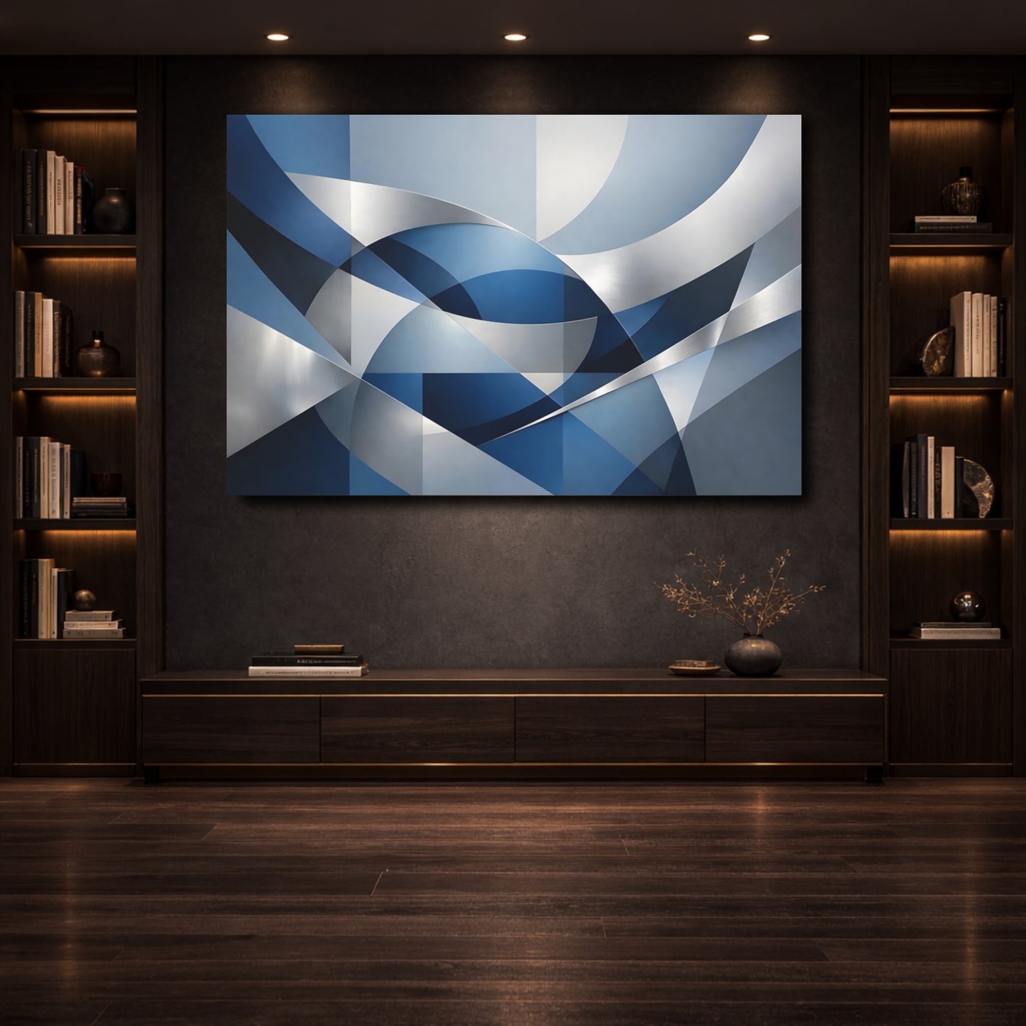 Mockup 3. Abstract Geometric Forms Blue And Silver shown as stretched canvas wall art