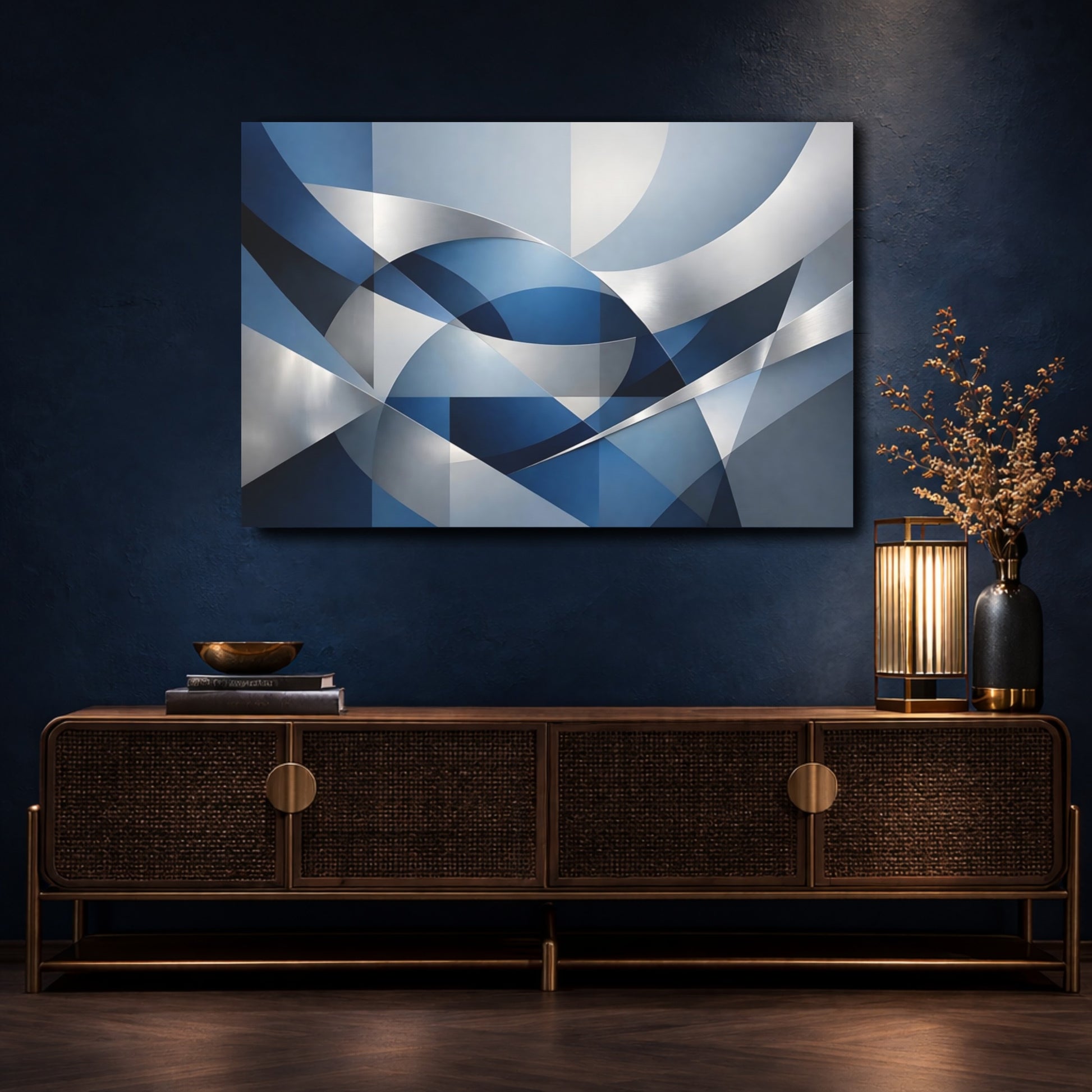 Mockup 4. Abstract Geometric Forms Blue And Silver shown as stretched canvas wall art