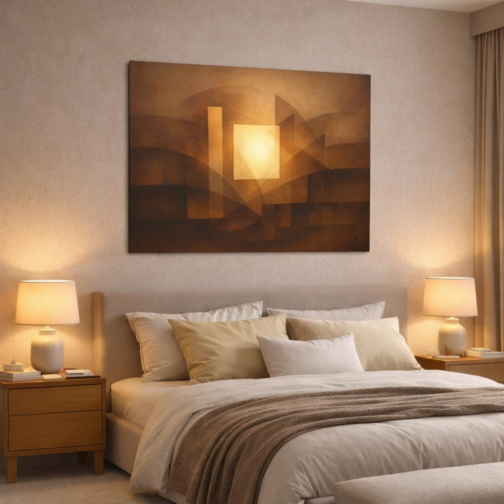 Abstract Geometric Forms Brown And Gold Abstract shown as canvas wall art in a luxury bedroom