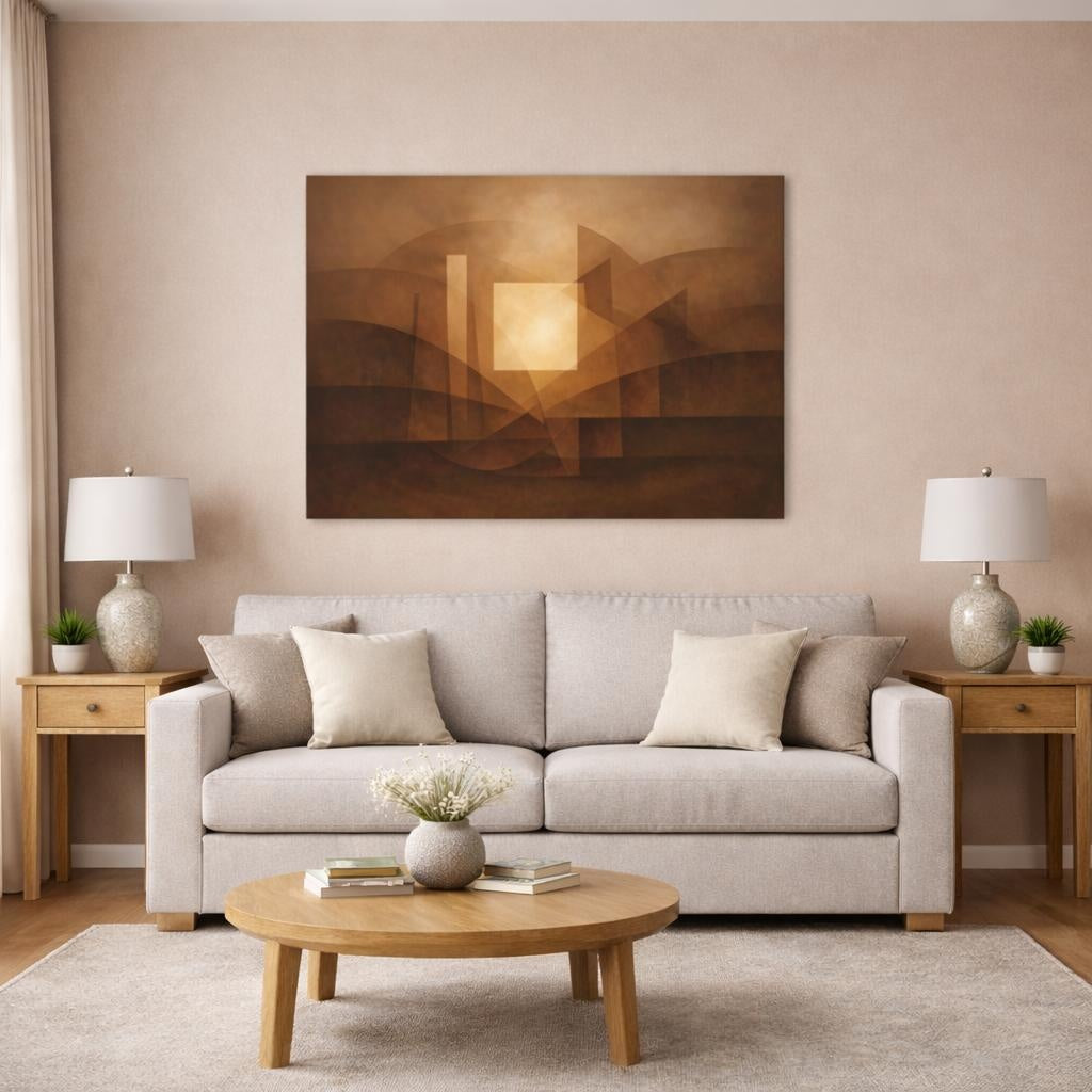 Abstract Geometric Forms Brown And Gold Abstract shown as canvas wall art in a modern living room