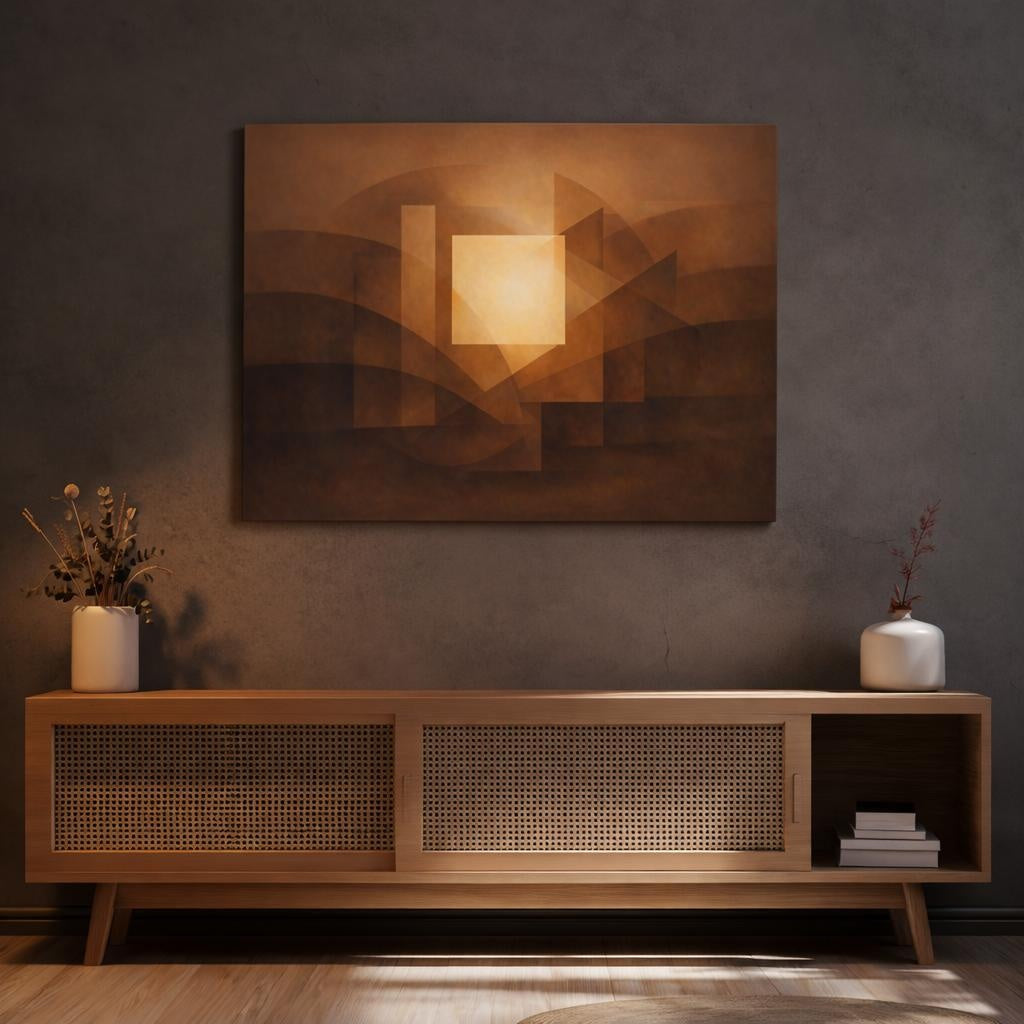 Abstract Geometric Forms Brown And Gold Abstract shown as canvas wall art in a luxury executive office