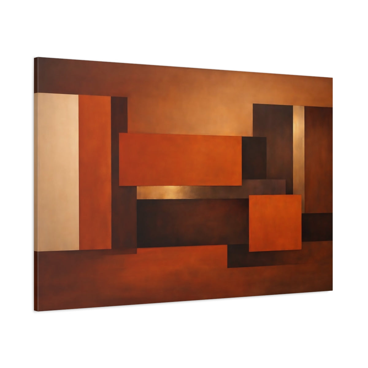 Main Mockup. Abstract Geometric Forms Brown And Orange shown as stretched canvas wall art