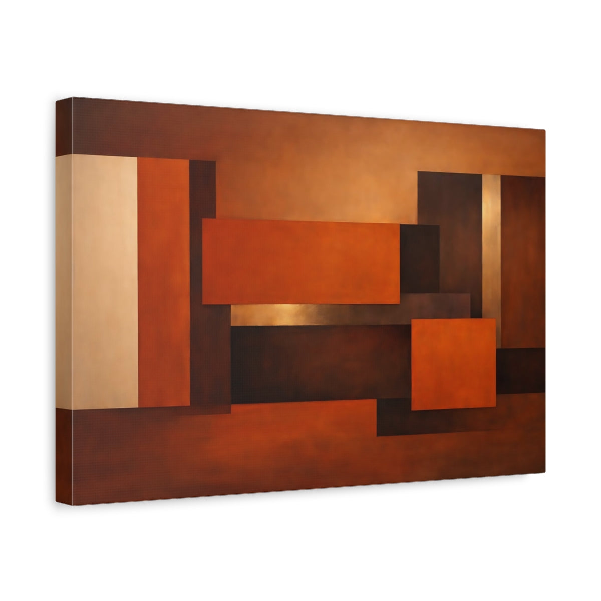 Side Mockup 4. Abstract Geometric Forms Brown And Orange shown as stretched canvas wall art