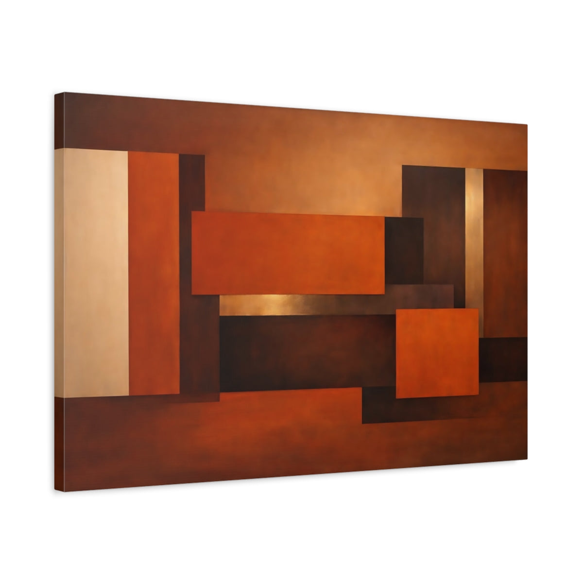 Side Mockup 2. Abstract Geometric Forms Brown And Orange shown as stretched canvas wall art