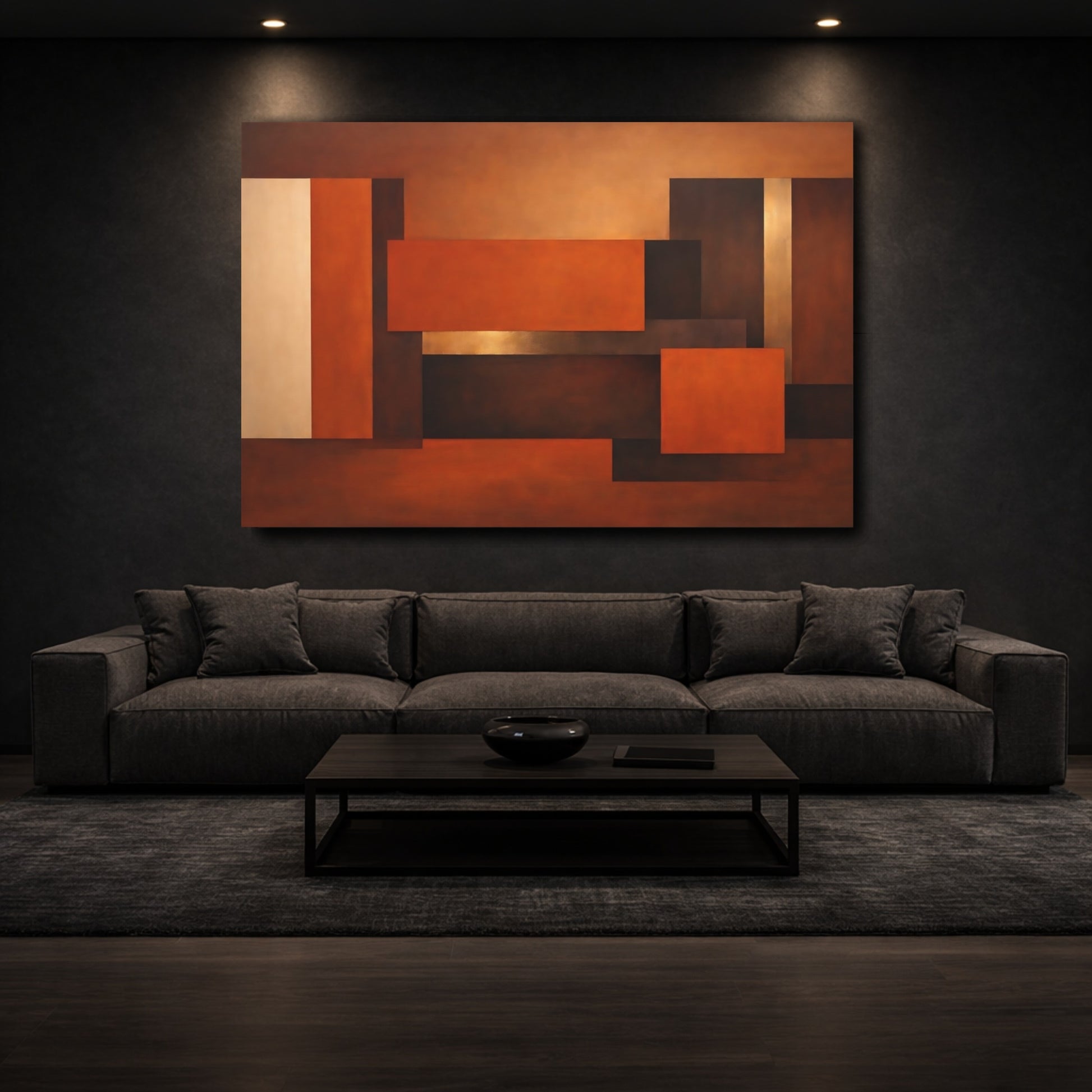 Mockup 2. Abstract Geometric Forms Brown And Orange shown as stretched canvas wall art