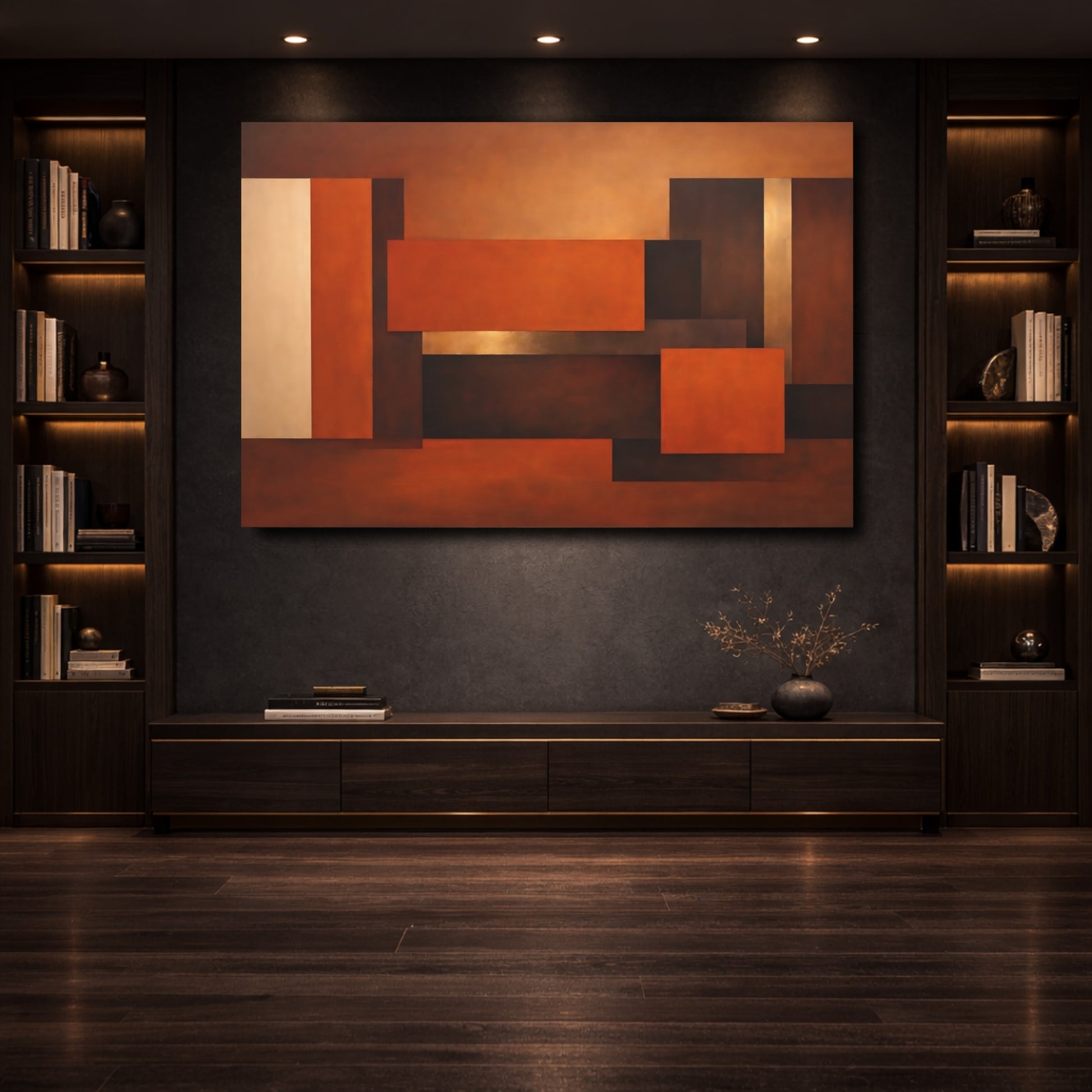 Mockup 3. Abstract Geometric Forms Brown And Orange shown as stretched canvas wall art