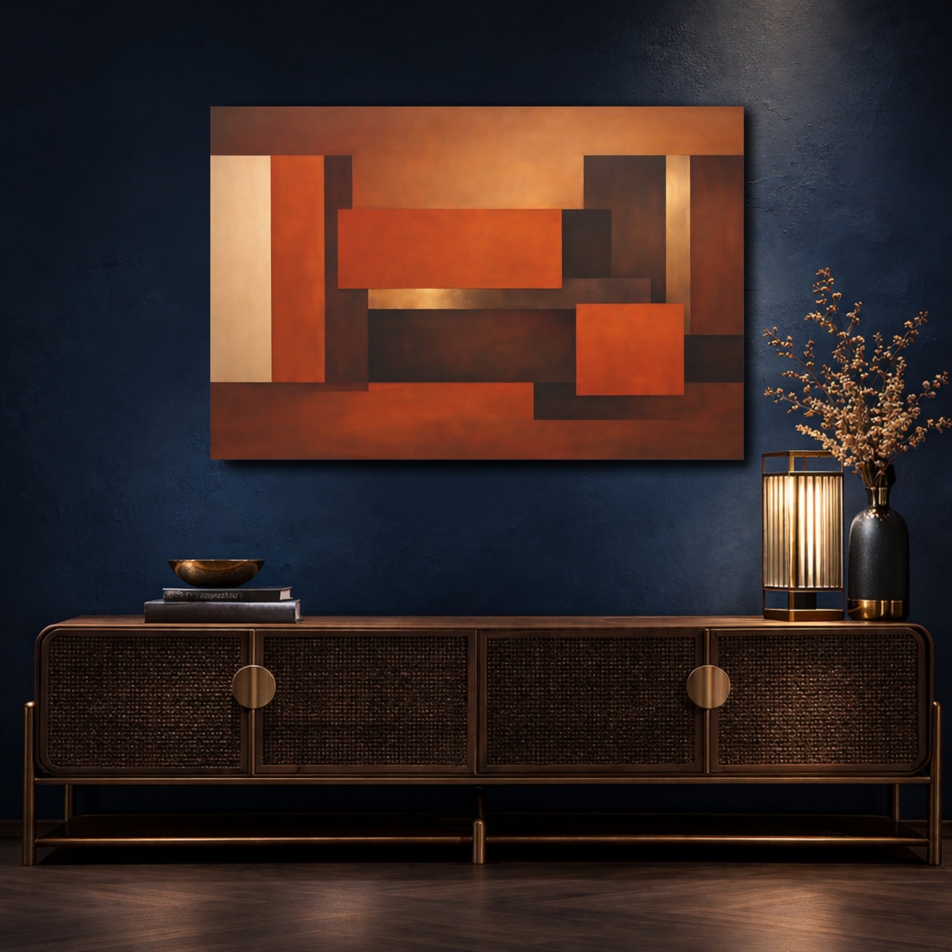 Mockup 4. Abstract Geometric Forms Brown And Orange shown as stretched canvas wall art