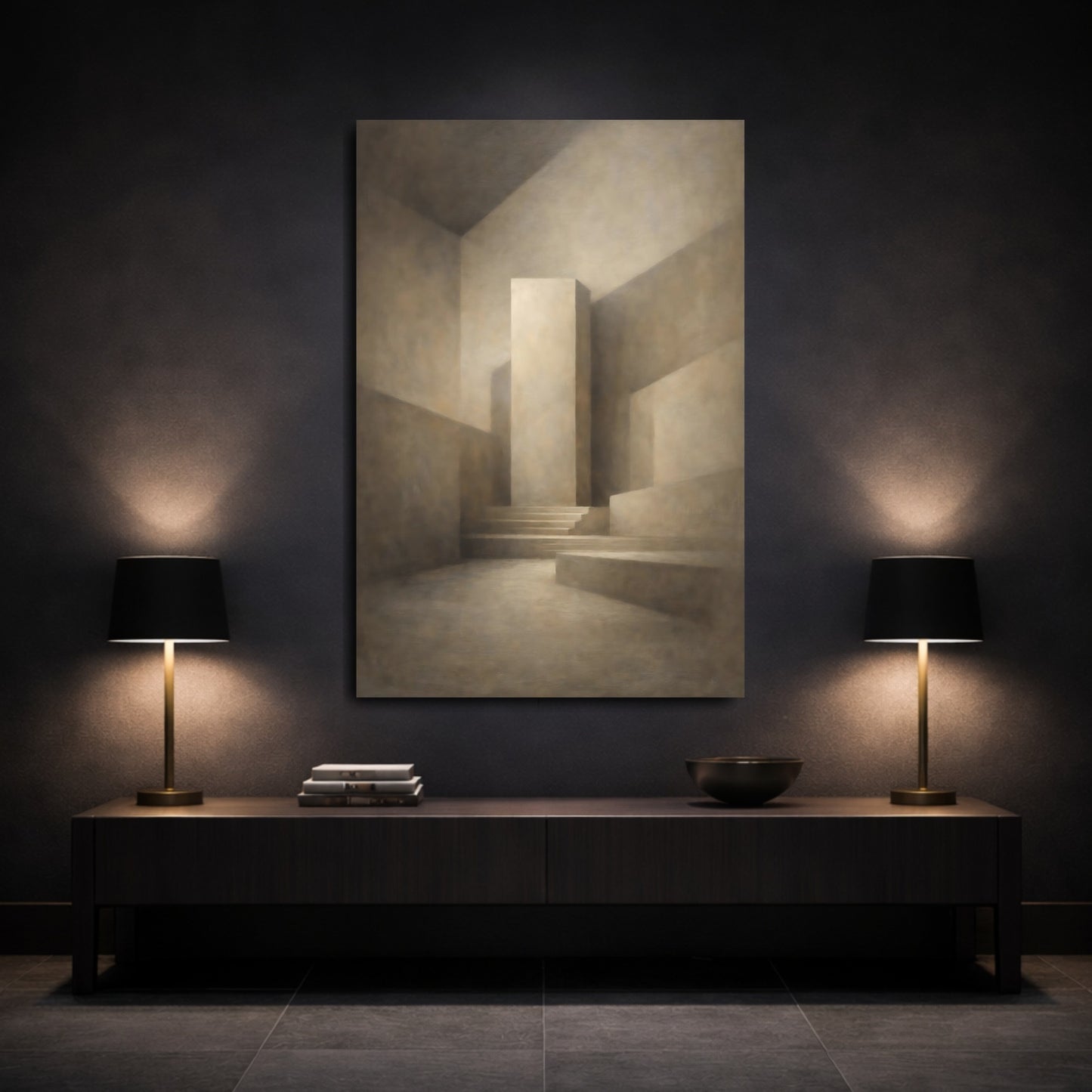 Mockup 2. Abstract Geometric Forms Brown Monochromatic shown as stretched canvas wall art