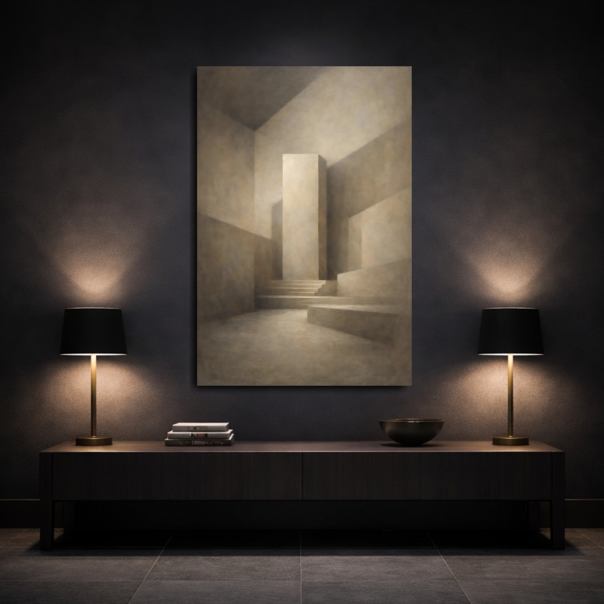Mockup 2. Abstract Geometric Forms Brown Monochromatic shown as stretched canvas wall art
