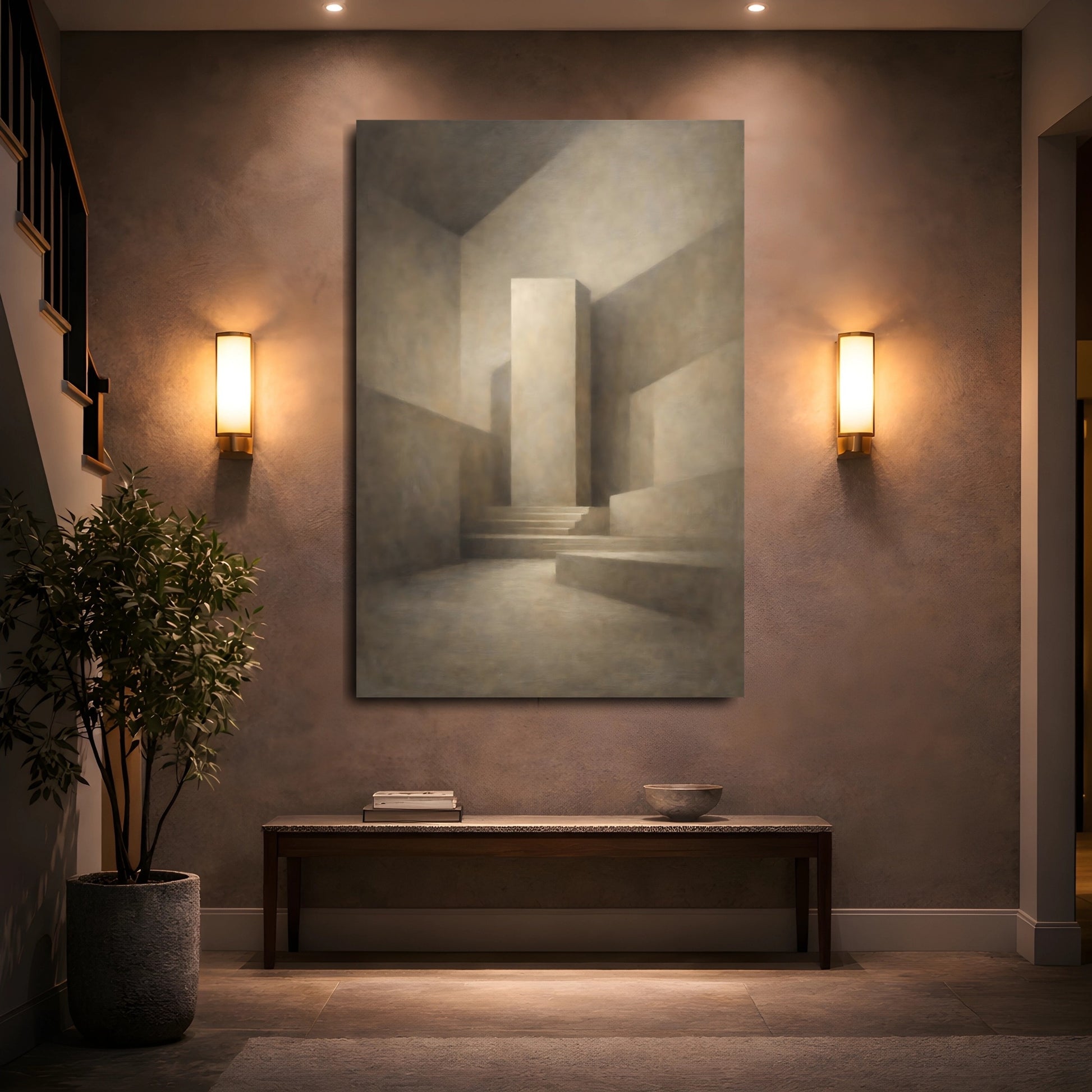 Mockup 4. Abstract Geometric Forms Brown Monochromatic shown as stretched canvas wall art