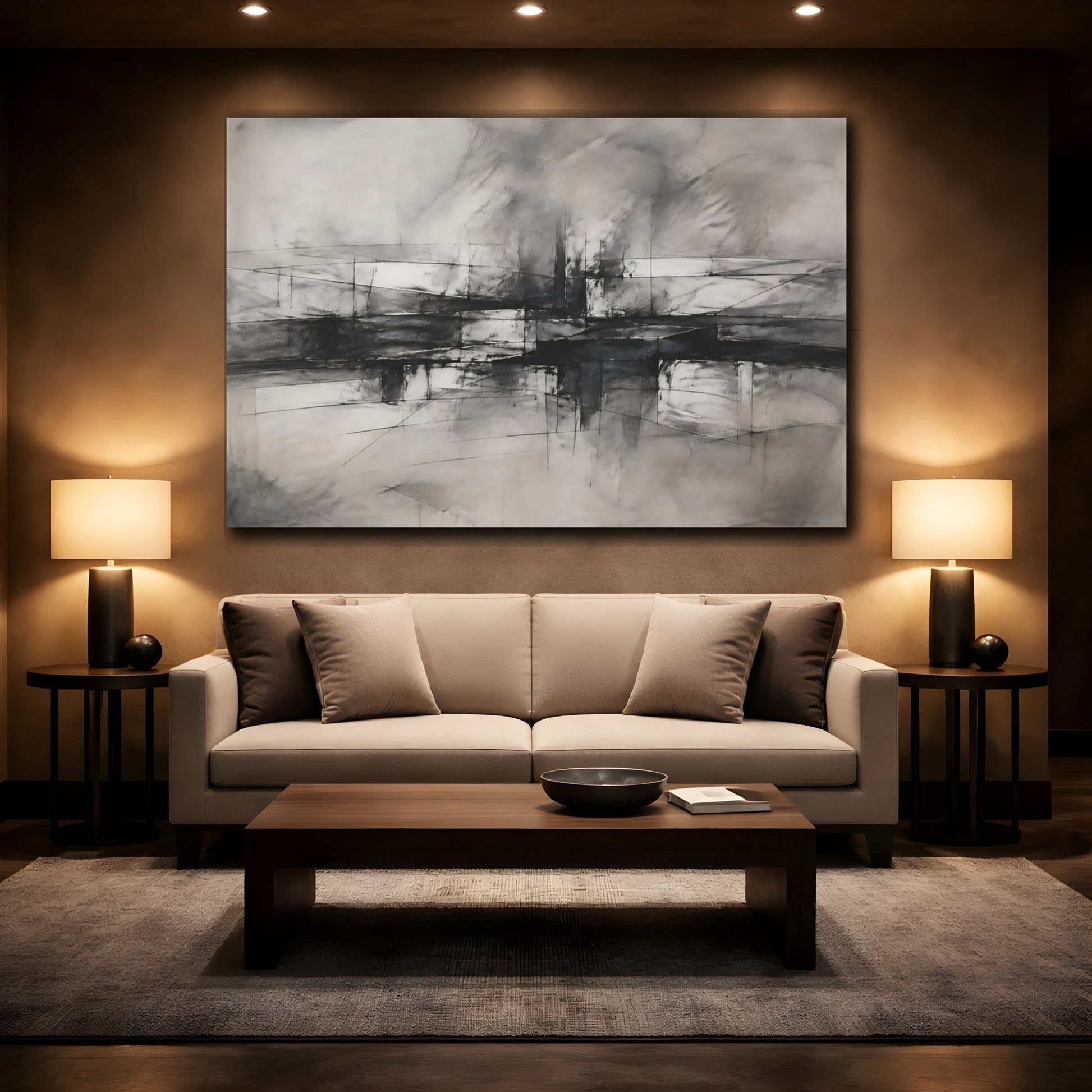 Mockup 2. Abstract Geometric Forms Charcoal Abstract shown as stretched canvas wall art