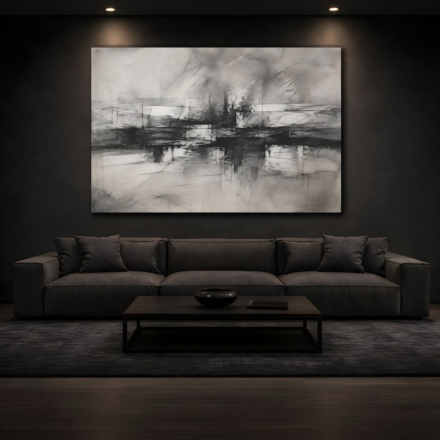 Mockup 3. Abstract Geometric Forms Charcoal Abstract shown as stretched canvas wall art