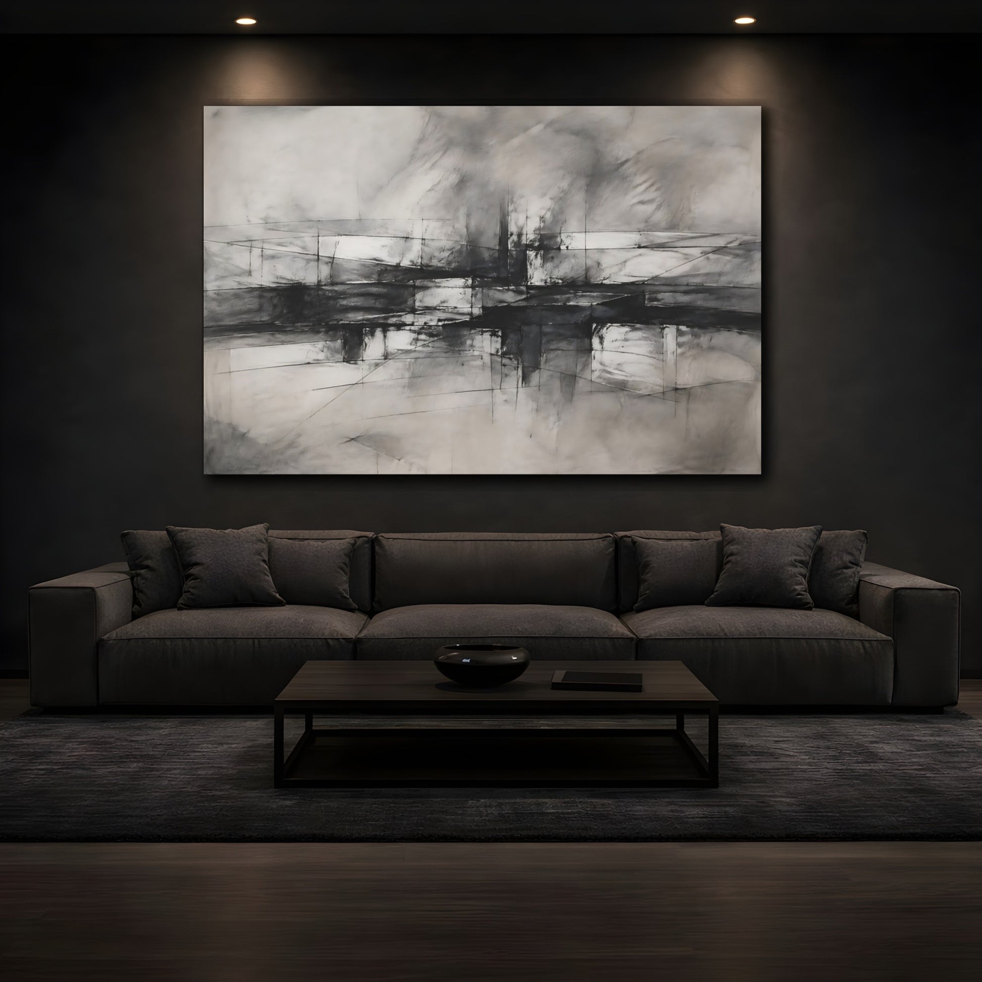 Mockup 3. Abstract Geometric Forms Charcoal Abstract shown as stretched canvas wall art