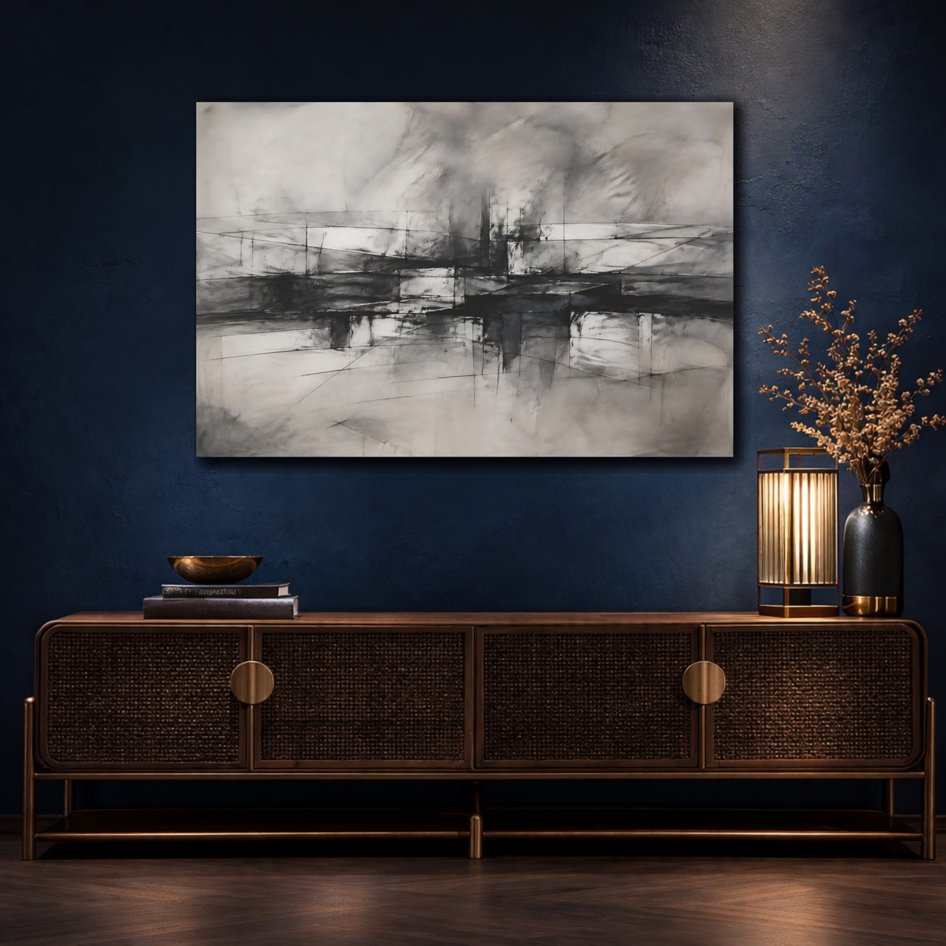 Mockup 4. Abstract Geometric Forms Charcoal Abstract shown as stretched canvas wall art