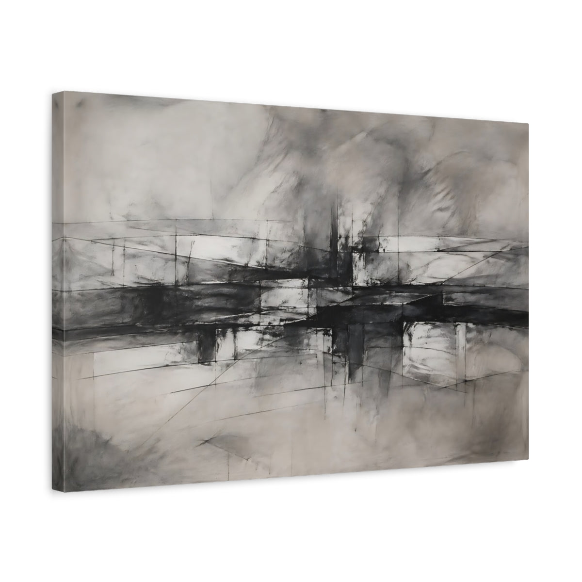 Side Mockup 3. Abstract Geometric Forms Charcoal Abstract shown as stretched canvas wall art