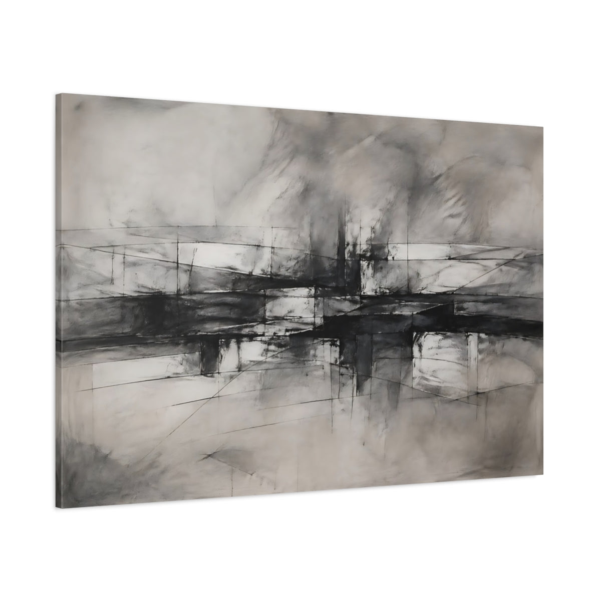 Side Mockup 1. Abstract Geometric Forms Charcoal Abstract shown as stretched canvas wall art