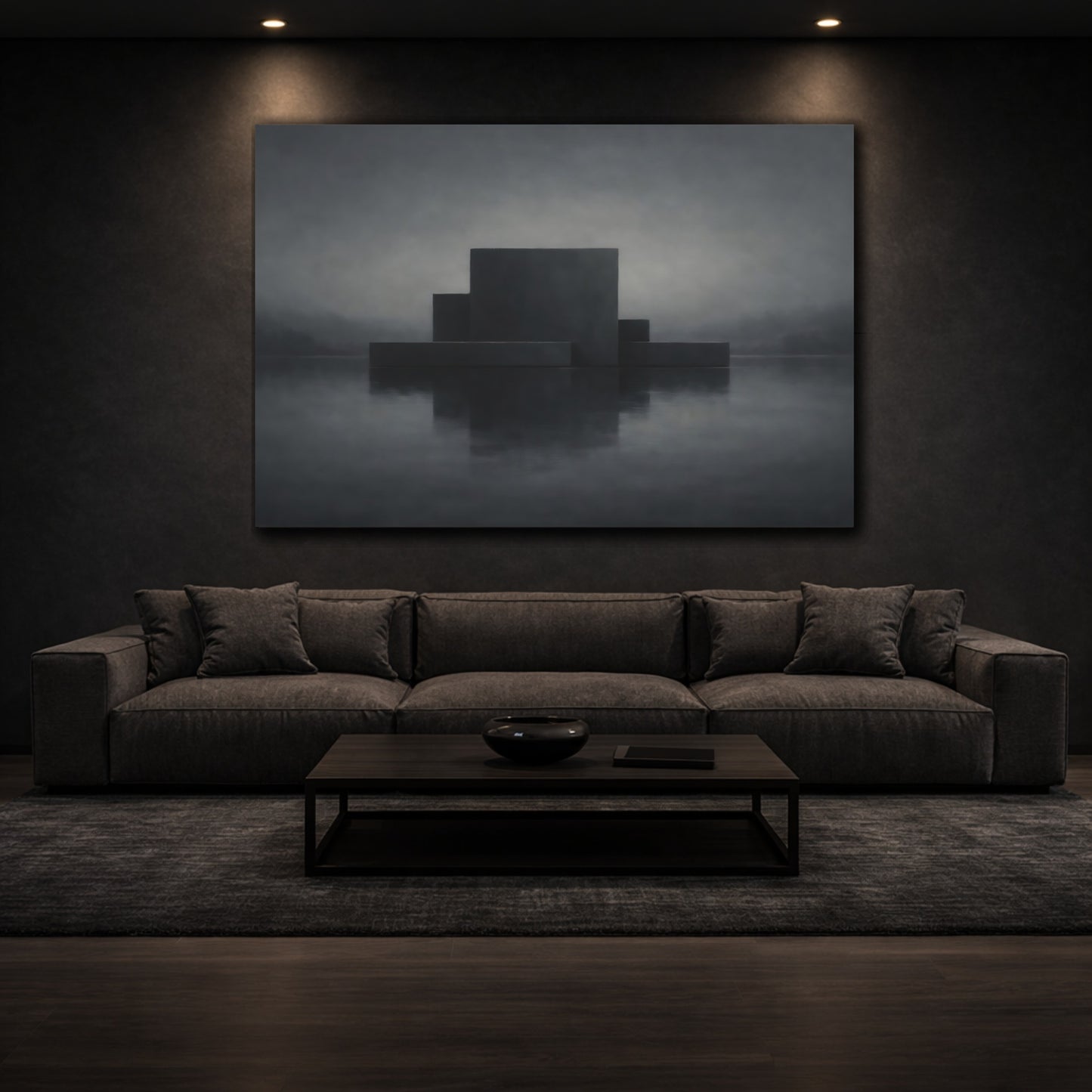 Mockup 2. Abstract Geometric Forms Dark Geometric shown as stretched canvas wall art