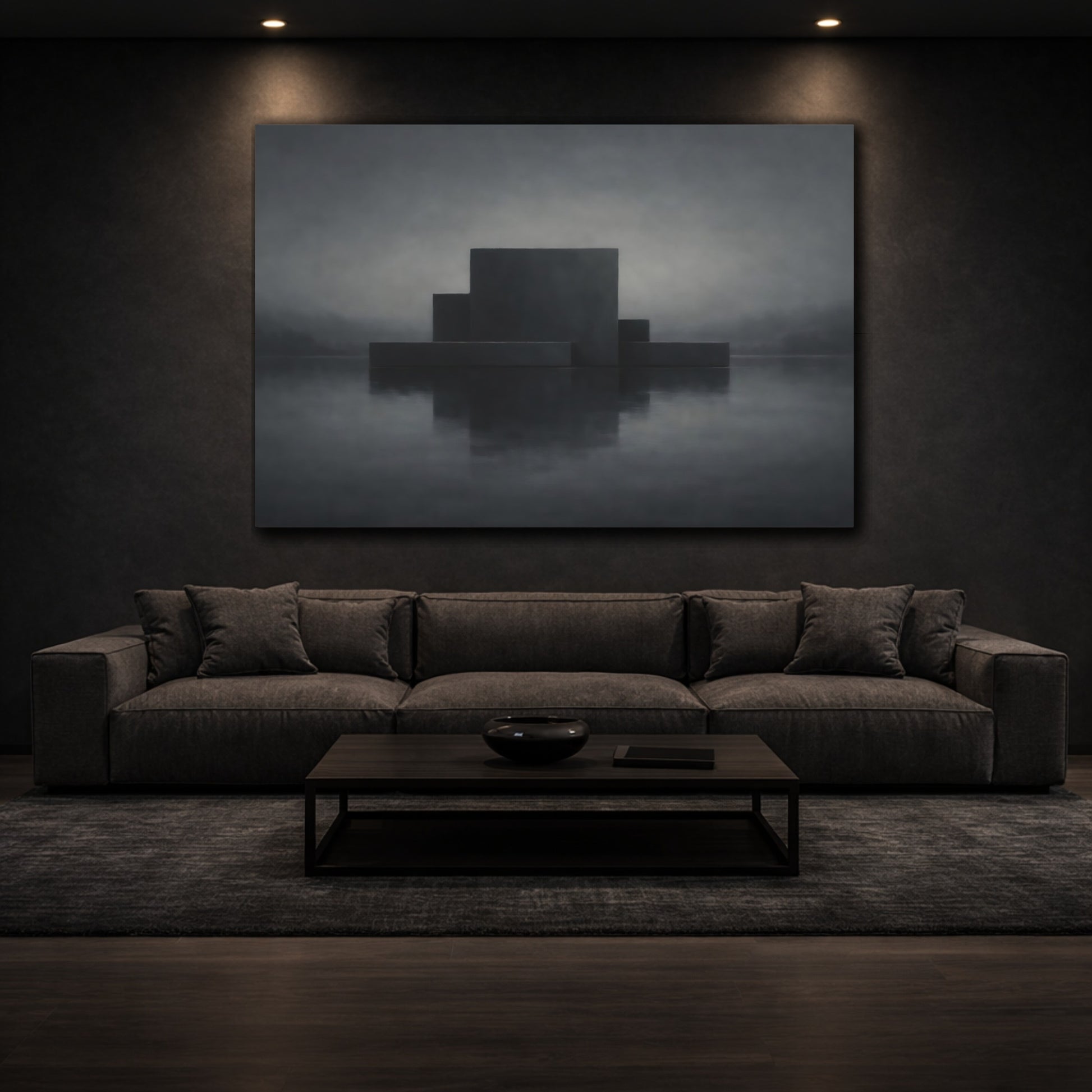 Mockup 2. Abstract Geometric Forms Dark Geometric shown as stretched canvas wall art