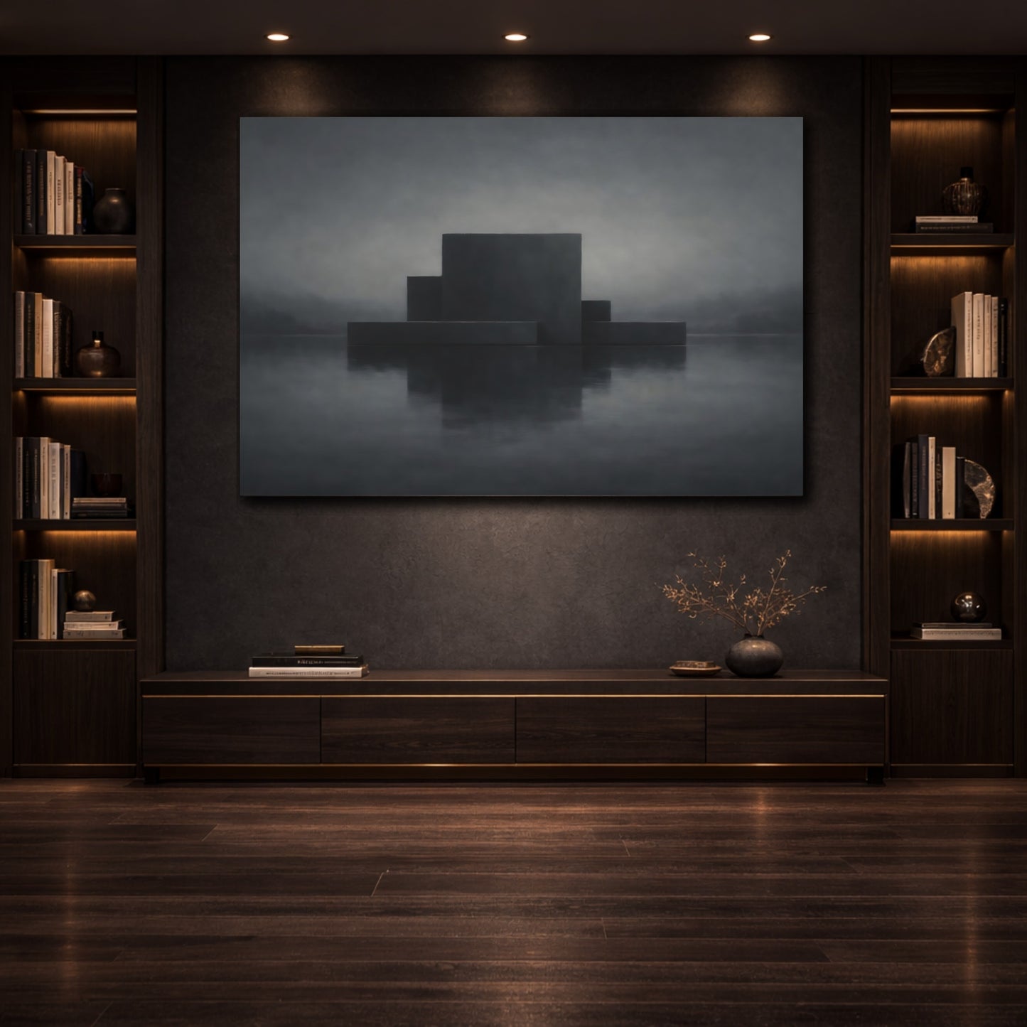 Mockup 3. Abstract Geometric Forms Dark Geometric shown as stretched canvas wall art