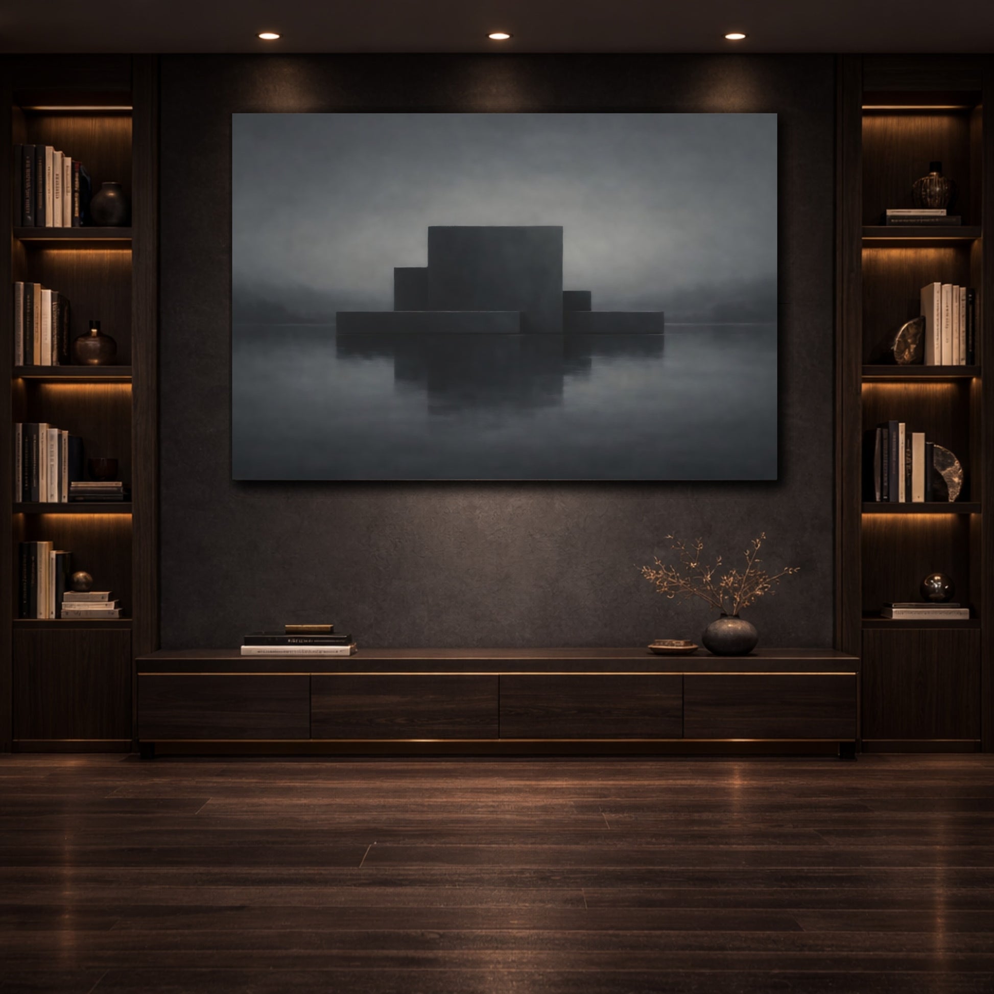 Mockup 3. Abstract Geometric Forms Dark Geometric shown as stretched canvas wall art