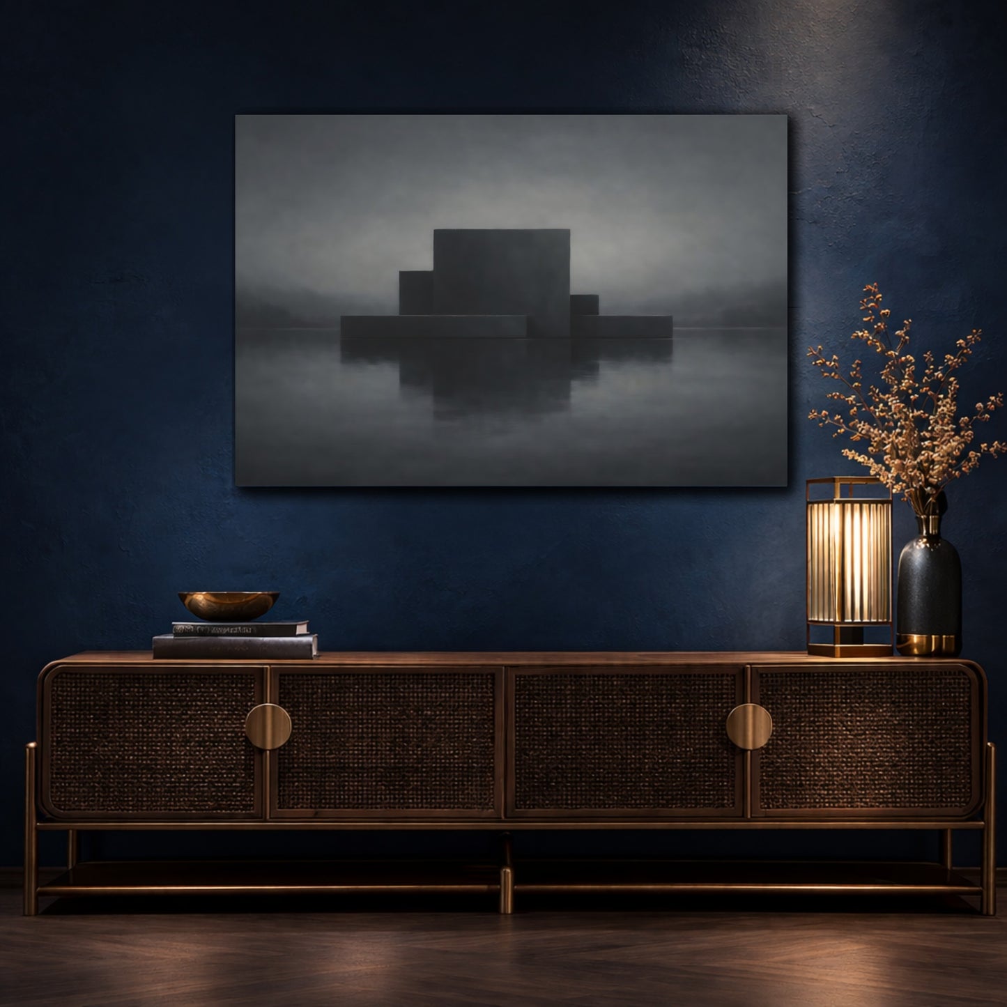 Mockup 4. Abstract Geometric Forms Dark Geometric shown as stretched canvas wall art