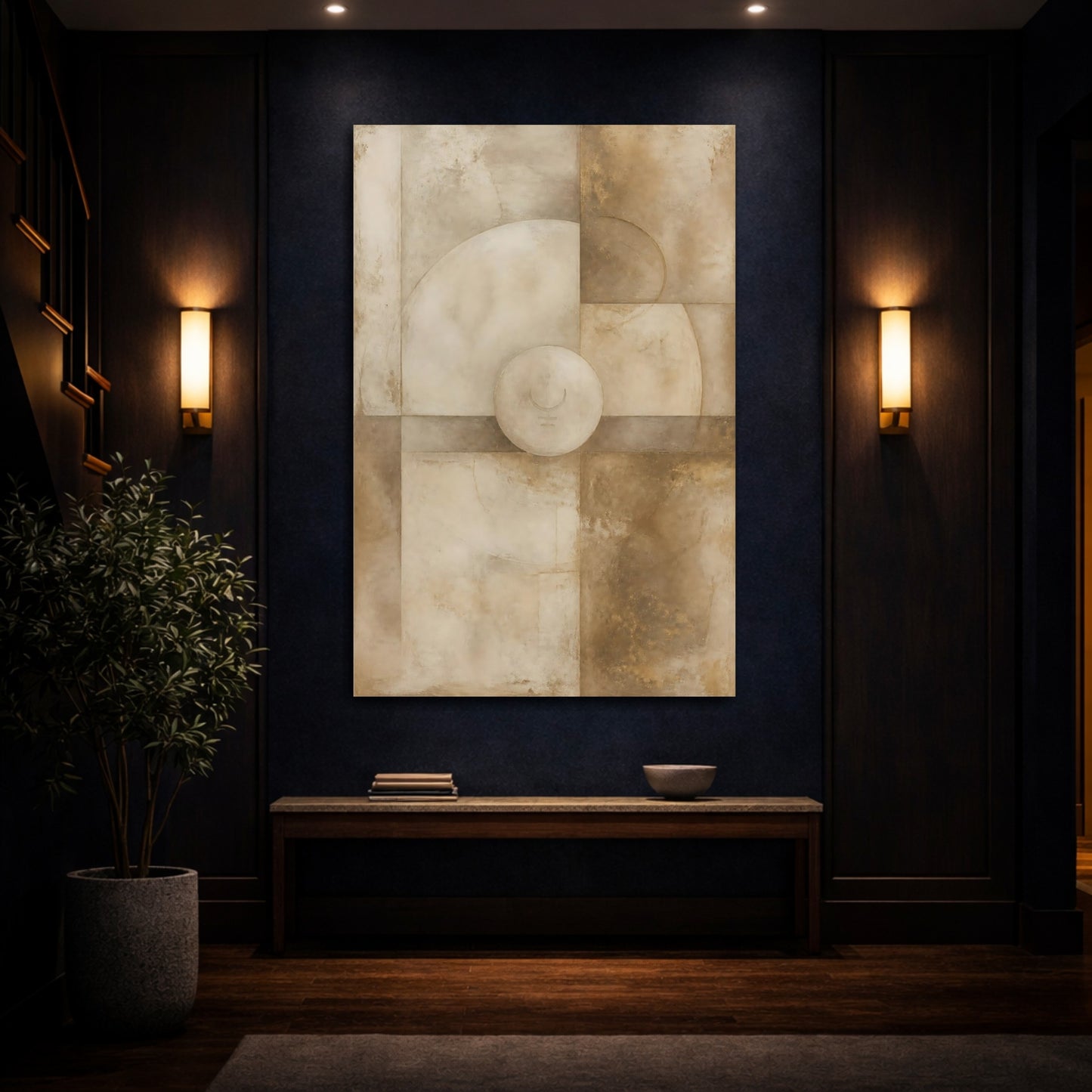 Mockup 4. Abstract Geometric Forms Earth Tones Abstract shown as stretched canvas wall art