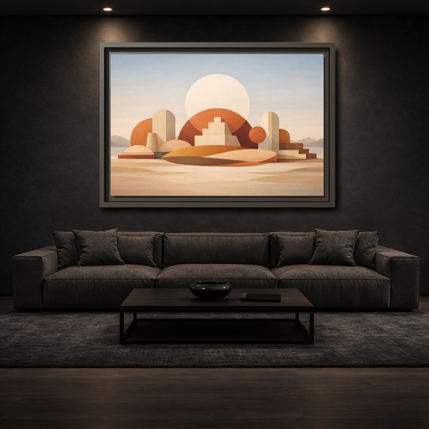 Mockup 2. Abstract Geometric Forms Earthy Geometric shown as stretched canvas wall art
