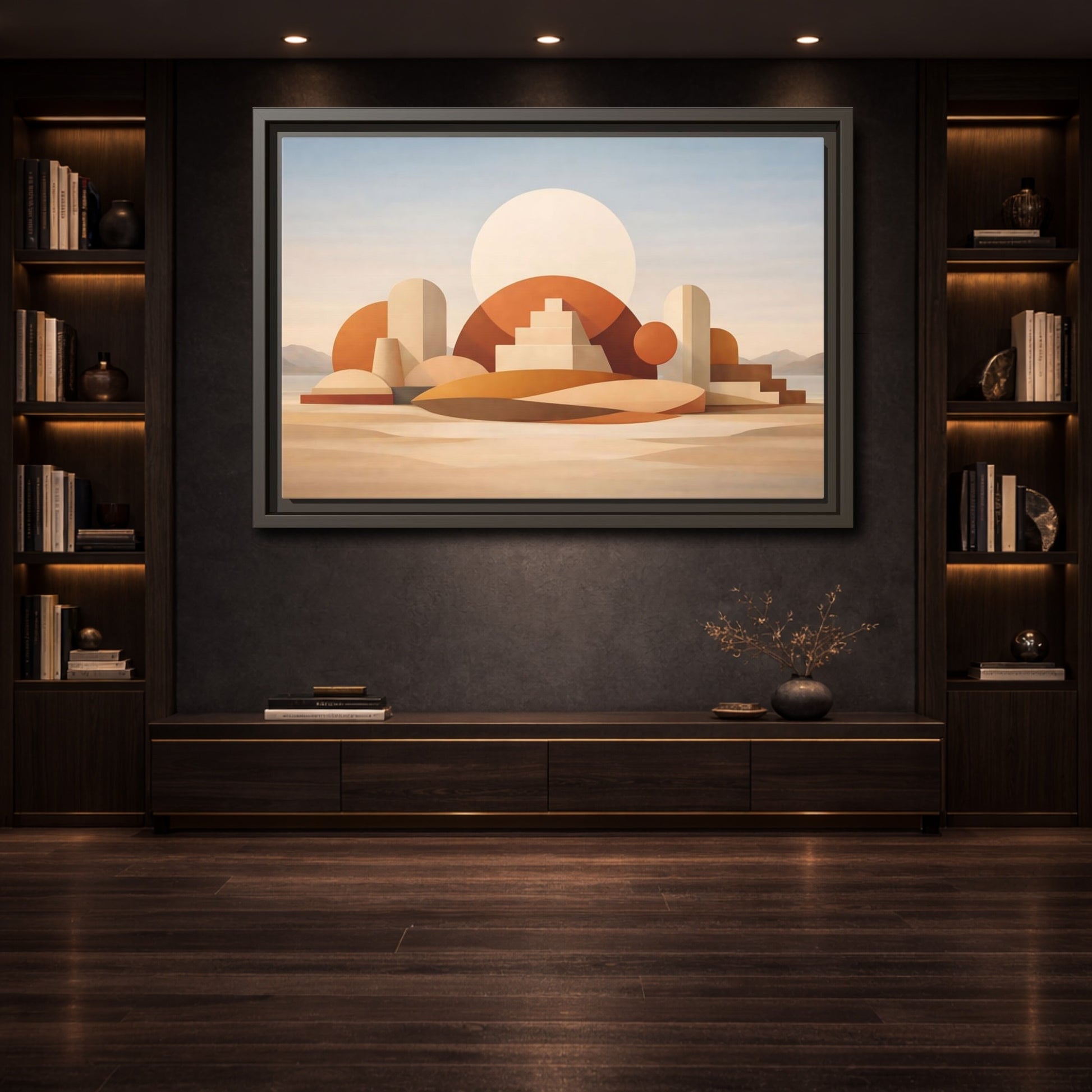 Mockup 3. Abstract Geometric Forms Earthy Geometric shown as stretched canvas wall art