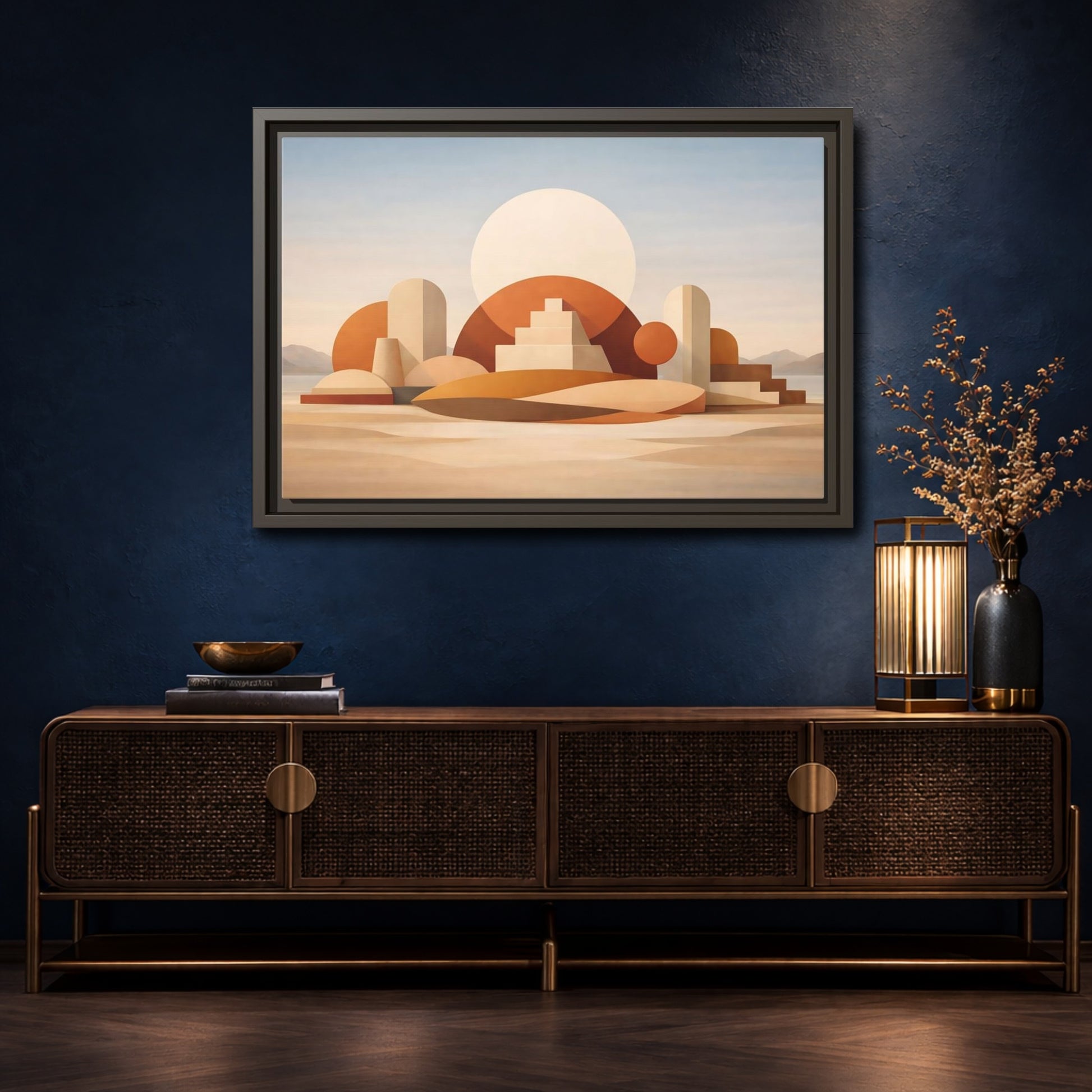 Mockup 4. Abstract Geometric Forms Earthy Geometric shown as stretched canvas wall art