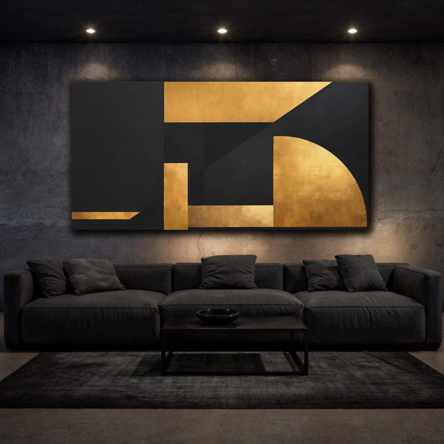Mockup 2. Abstract Geometric Forms Gold And Black shown as stretched canvas wall art