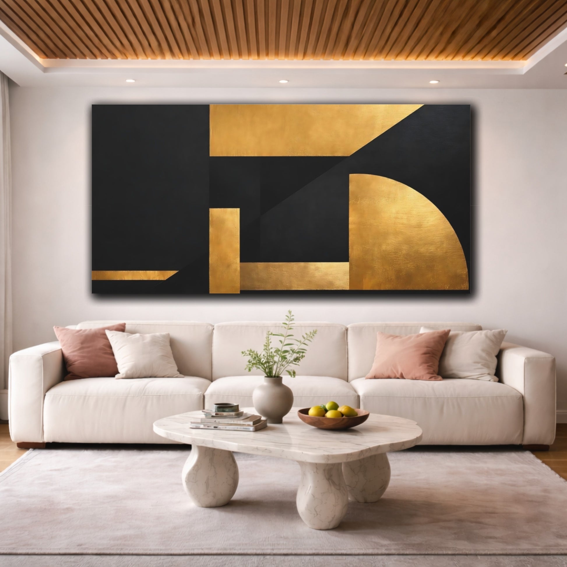 Mockup 3. Abstract Geometric Forms Gold And Black shown as stretched canvas wall art