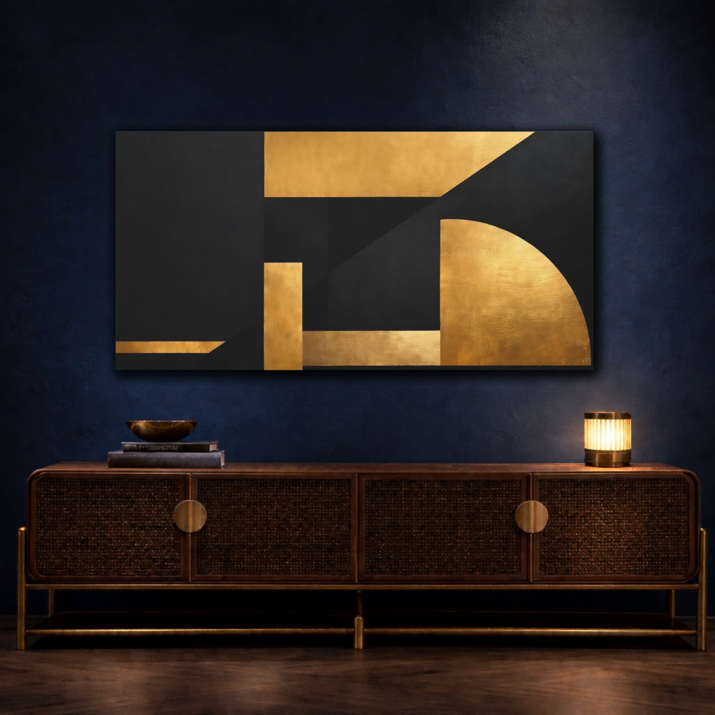 Mockup 4. Abstract Geometric Forms Gold And Black shown as stretched canvas wall art
