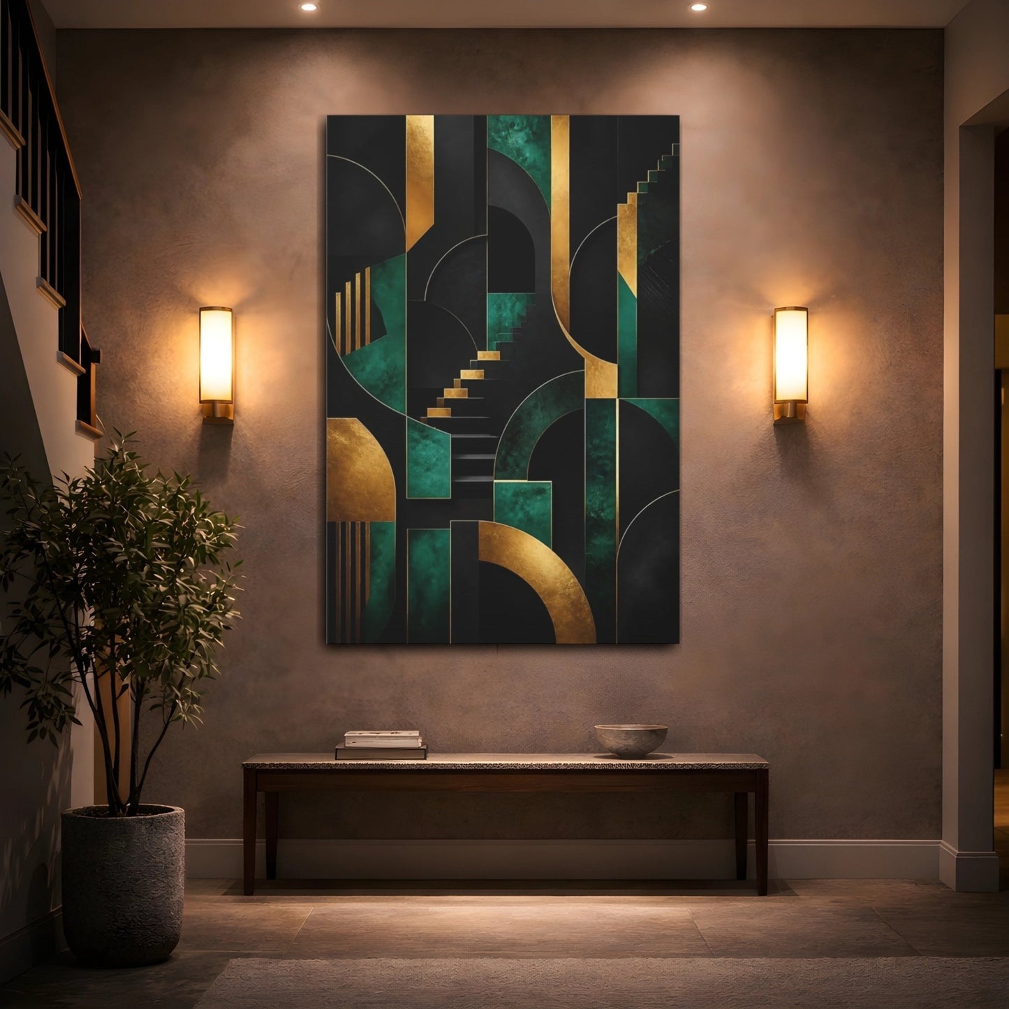 Abstract Geometric Forms Gold And Green Canvas Print – Living Room, Above Fireplace - YesArtYes