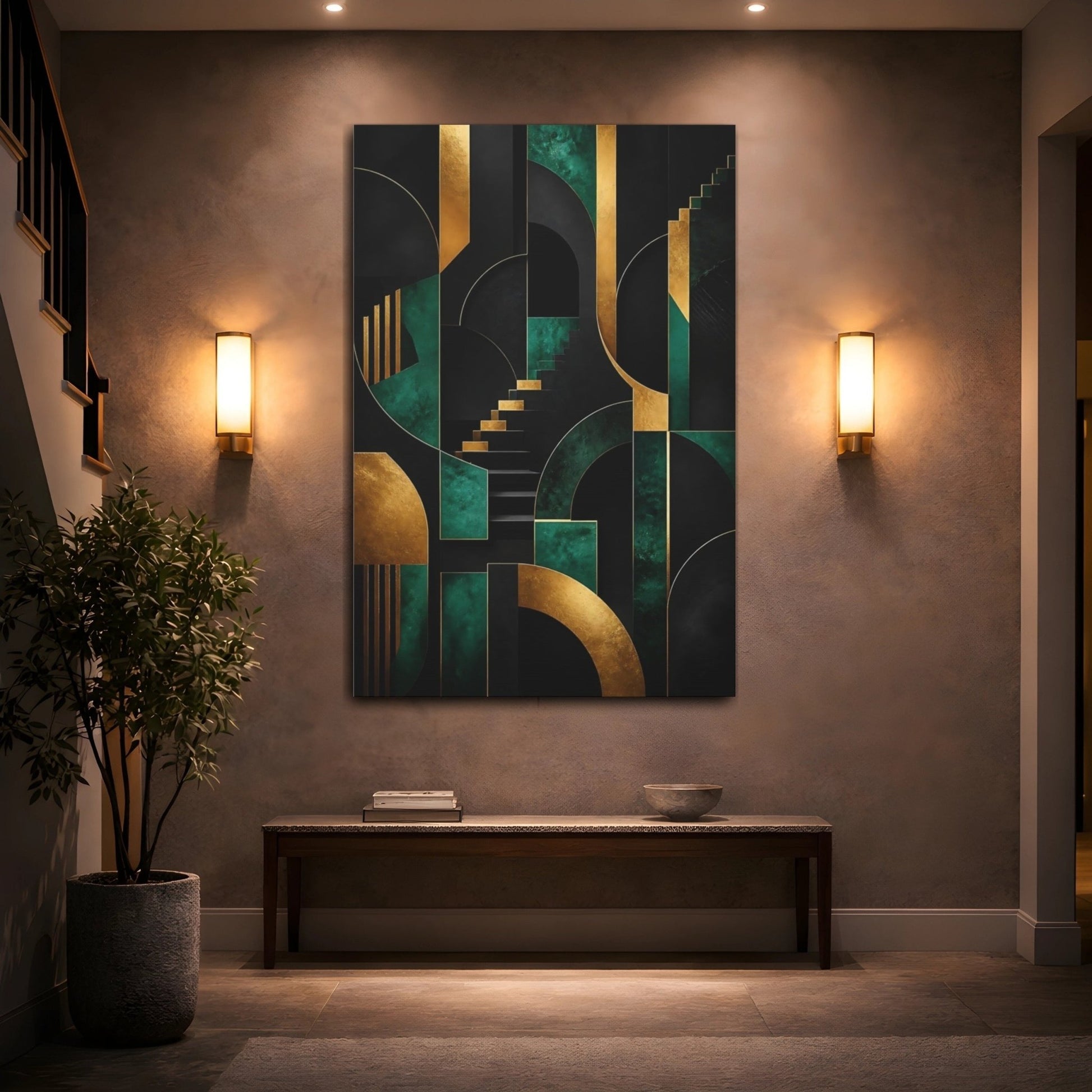 Abstract Geometric Forms Gold And Green Canvas Print – Living Room, Above Fireplace - YesArtYes
