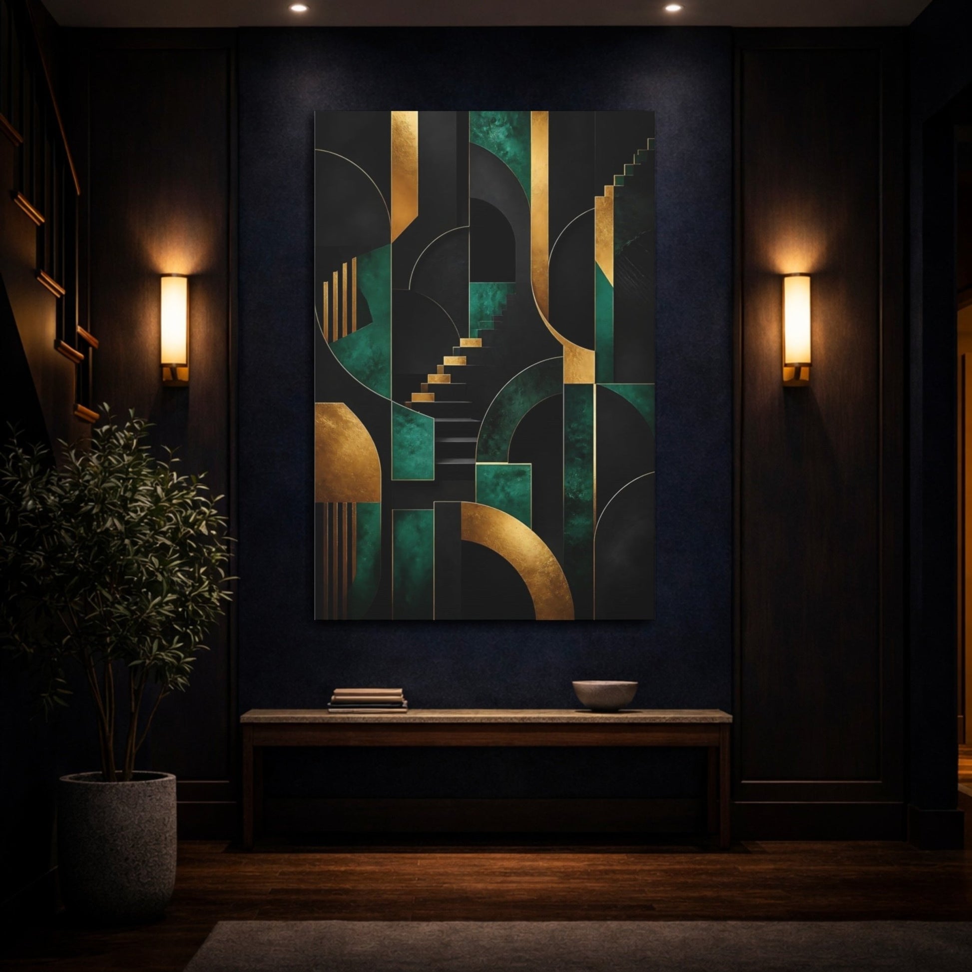 Abstract Geometric Forms Gold And Green Canvas Print – Living Room, Above Fireplace - YesArtYes