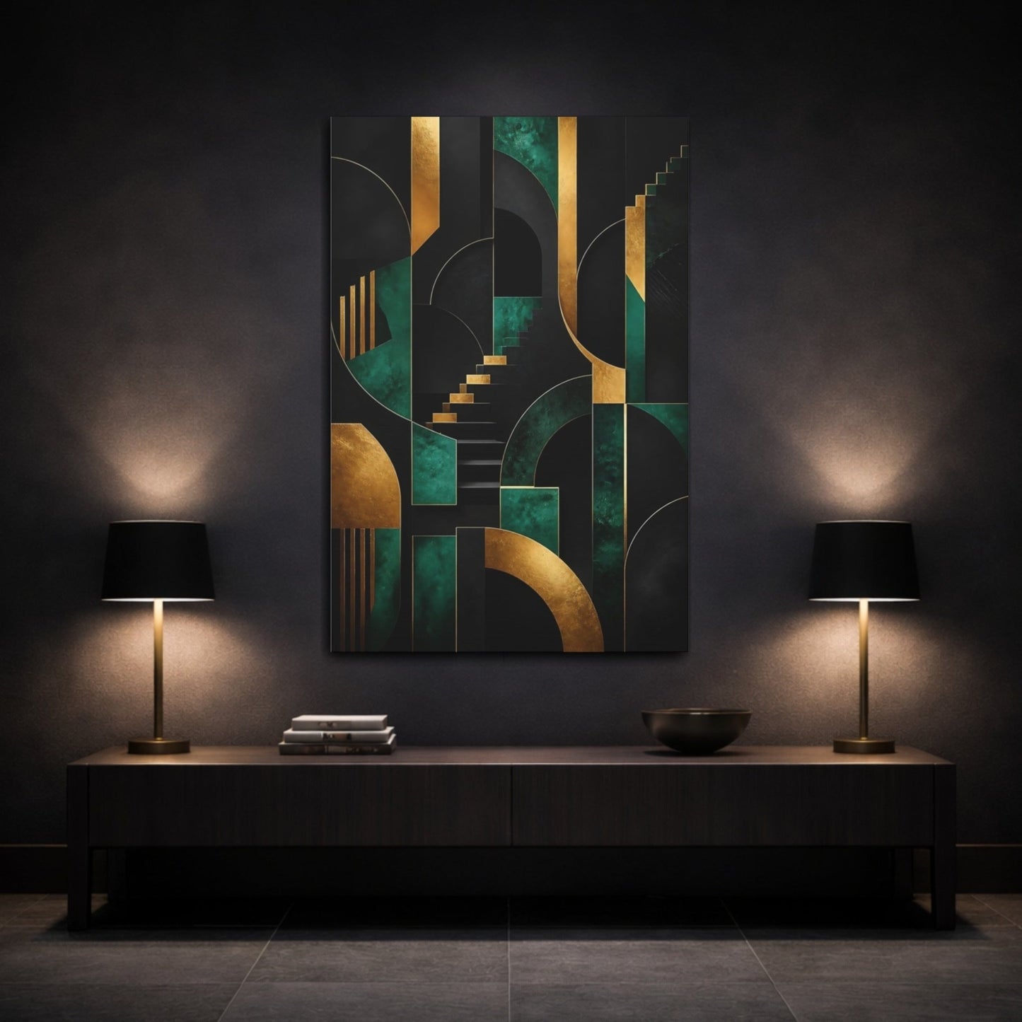 Abstract Geometric Forms Gold And Green Canvas Print – Living Room, Above Fireplace - YesArtYes