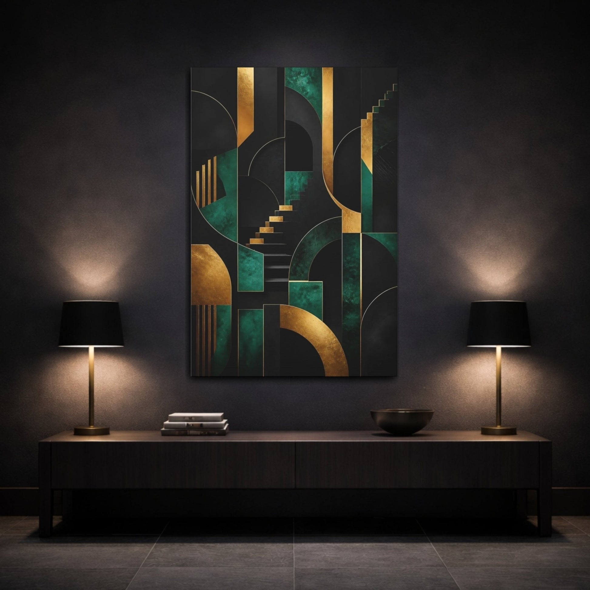 Abstract Geometric Forms Gold And Green Canvas Print – Living Room, Above Fireplace - YesArtYes