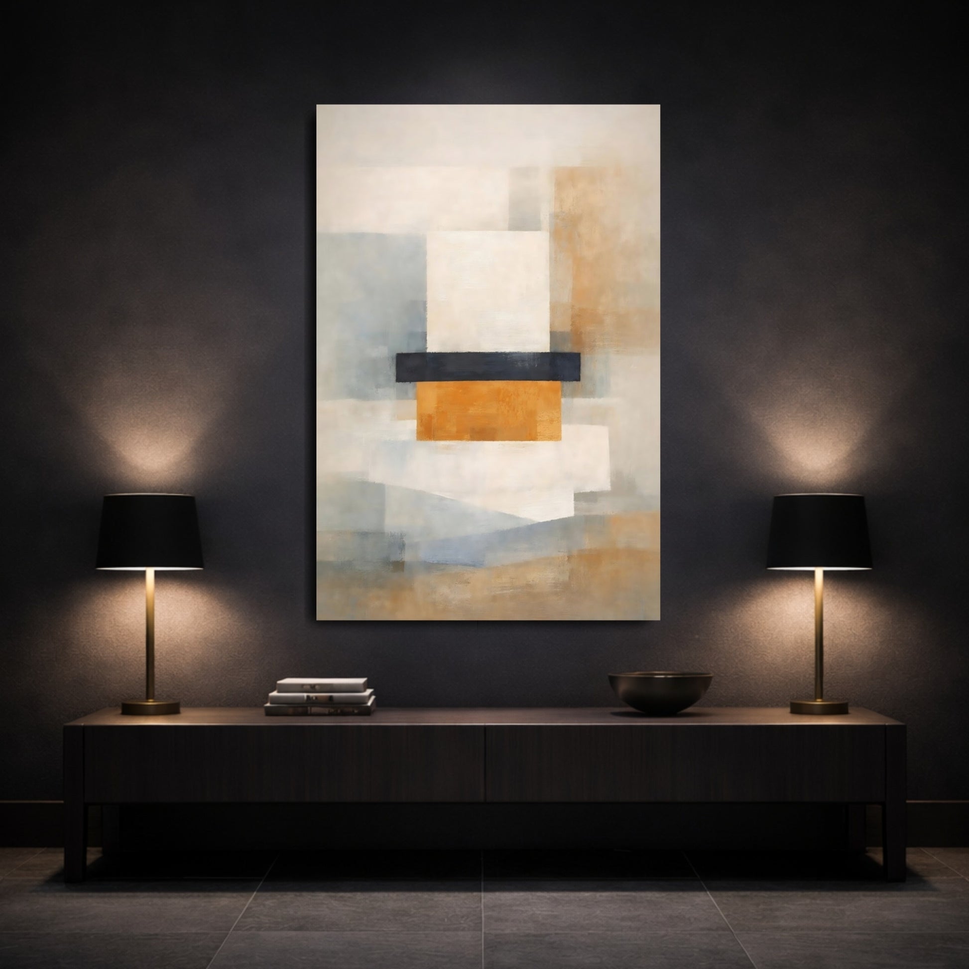 Abstract Geometric Forms Gold Grey Abstract shown as front canvas room wall art