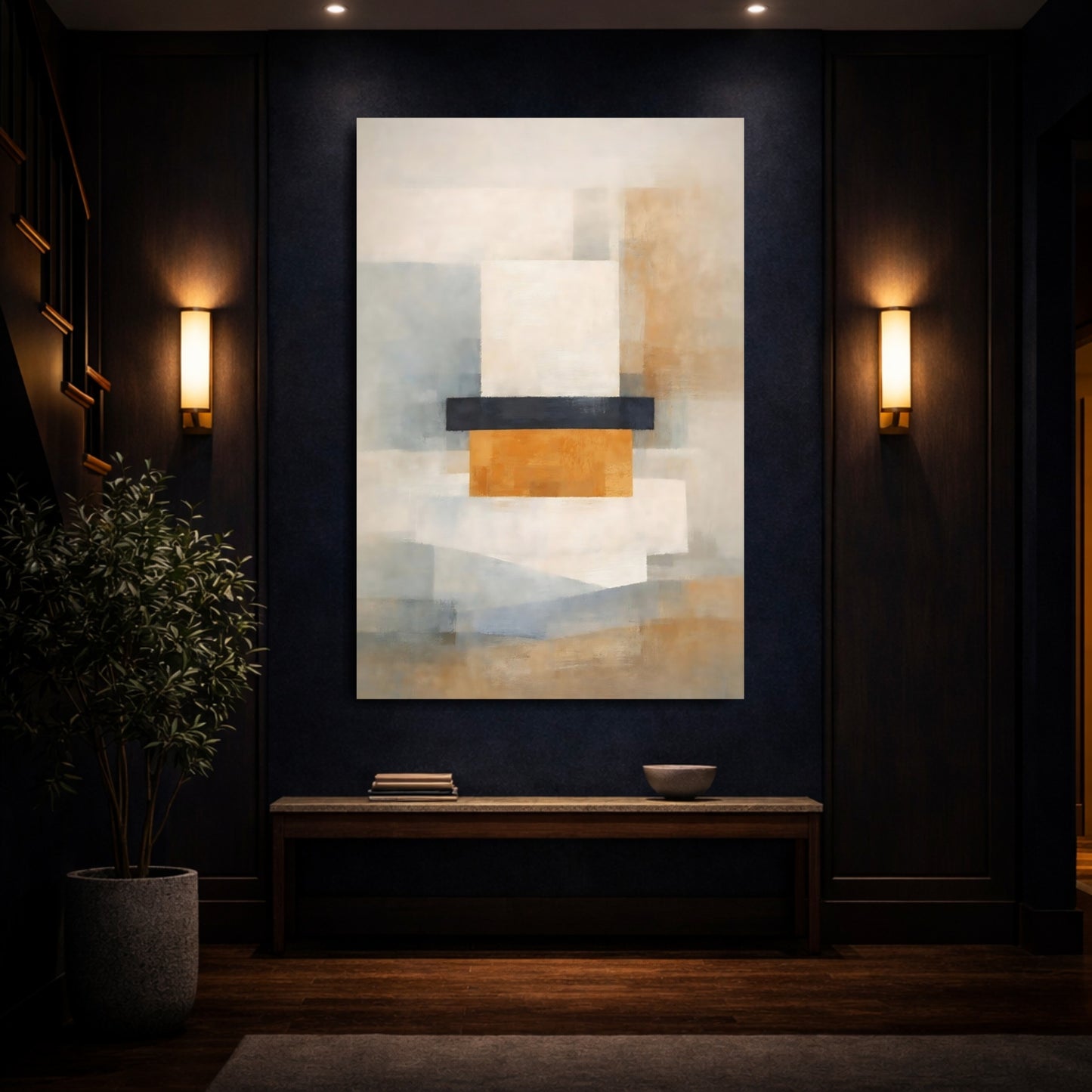 Abstract Geometric Forms Gold Grey Abstract shown as front canvas room wall art