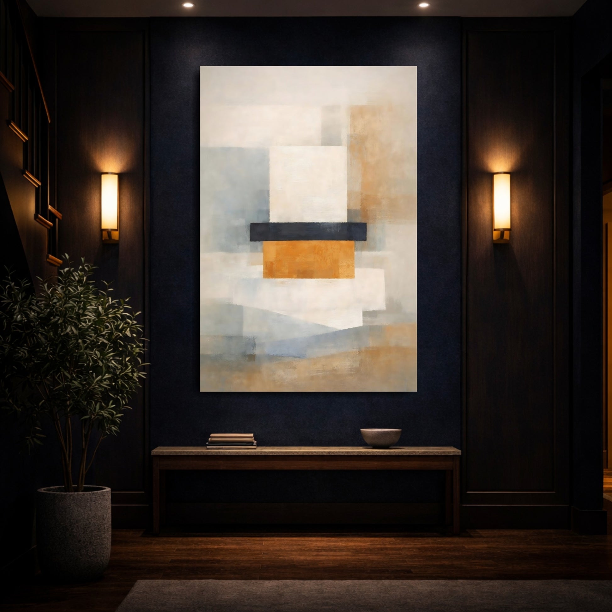 Abstract Geometric Forms Gold Grey Abstract shown as front canvas room wall art