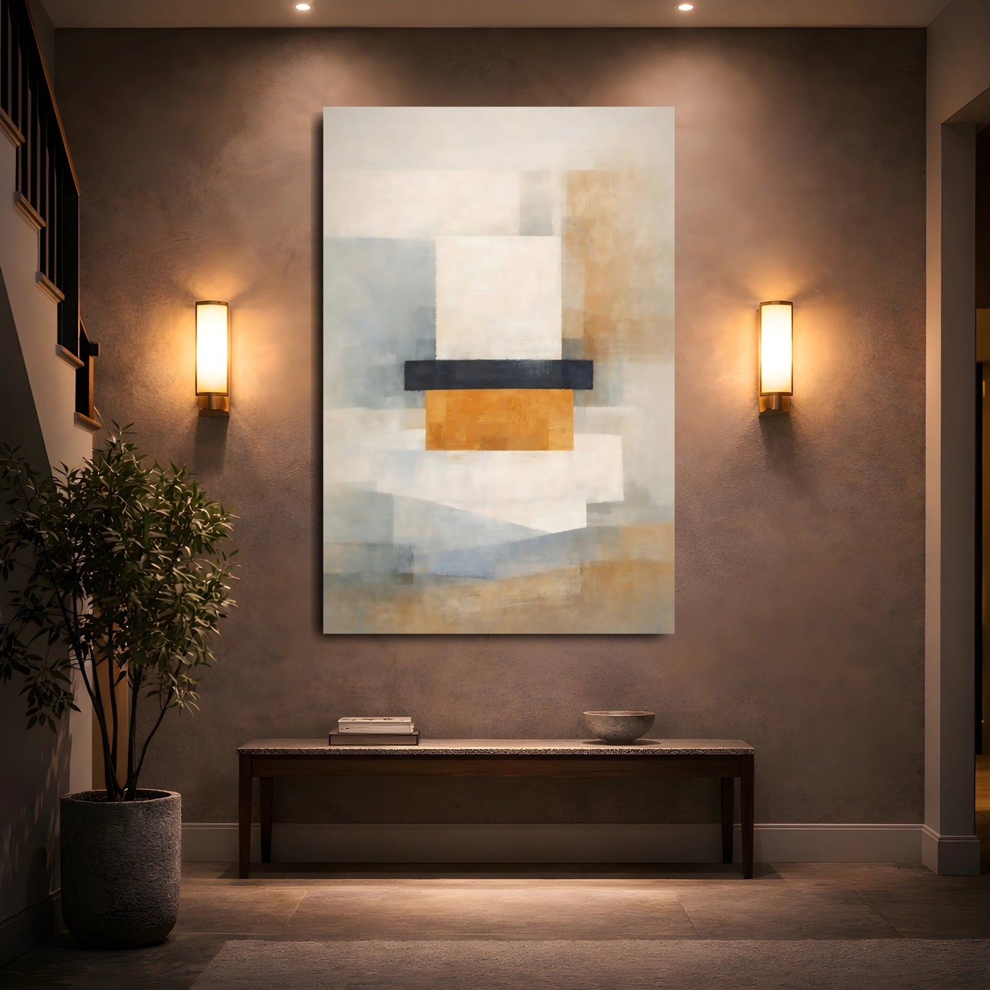Abstract Geometric Forms Gold Grey Abstract shown as front canvas room wall art