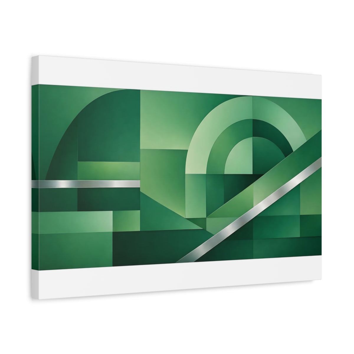 Side Mockup 3. Abstract Geometric Forms Green And Silver shown as stretched canvas wall art
