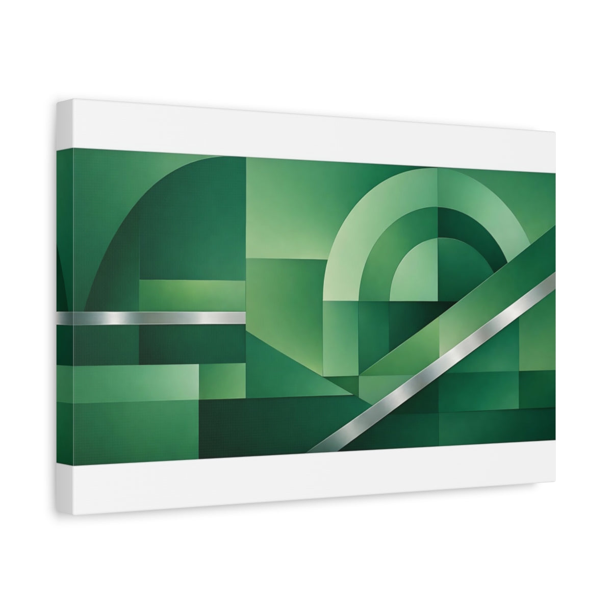 Side Mockup 4. Abstract Geometric Forms Green And Silver shown as stretched canvas wall art