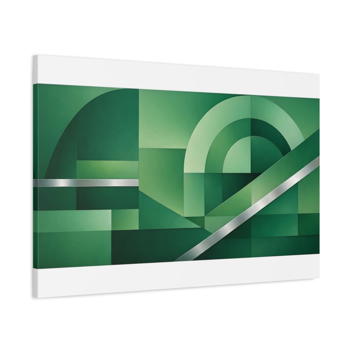 Side Mockup 1. Abstract Geometric Forms Green And Silver shown as stretched canvas wall art