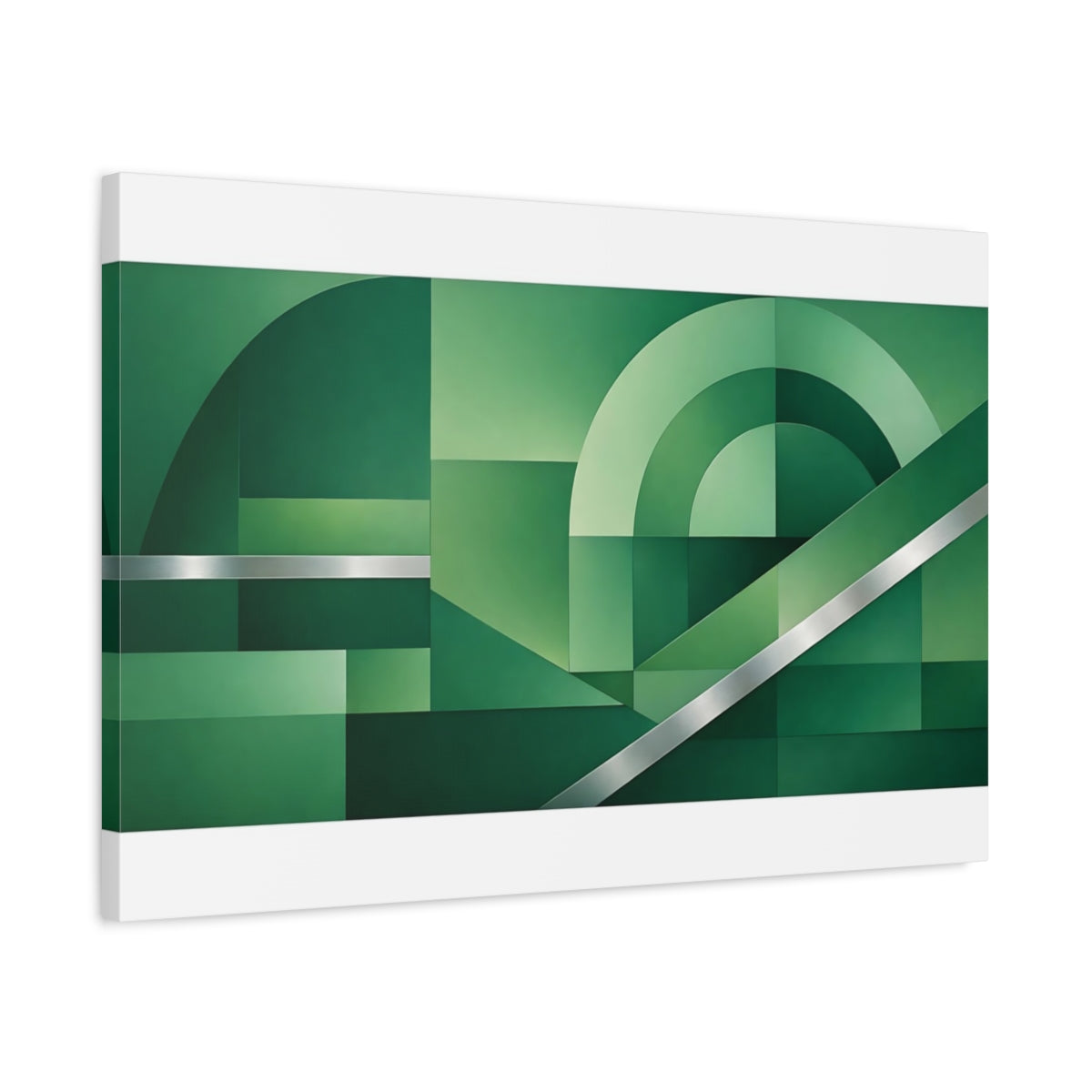 Side Mockup 2. Abstract Geometric Forms Green And Silver shown as stretched canvas wall art