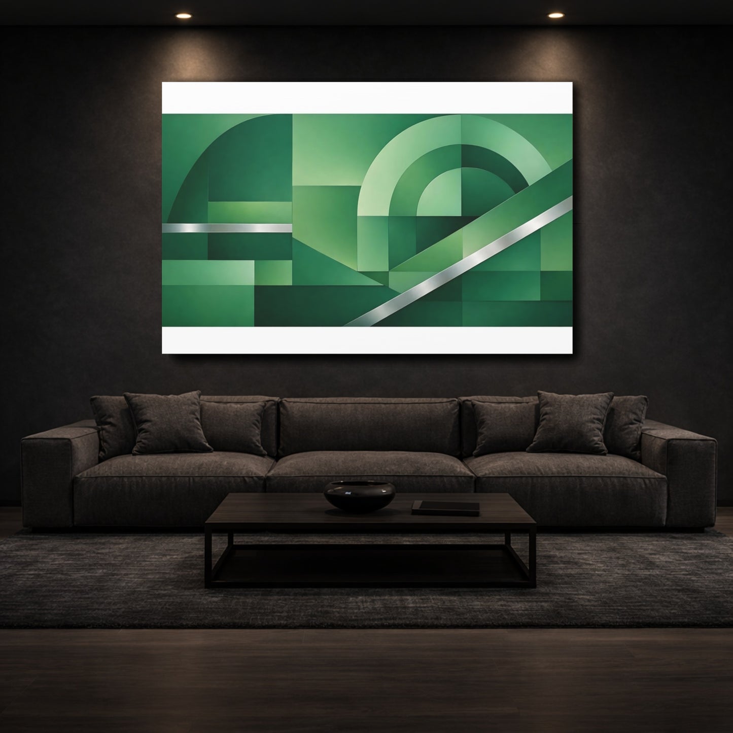 Mockup 2. Abstract Geometric Forms Green And Silver shown as stretched canvas wall art