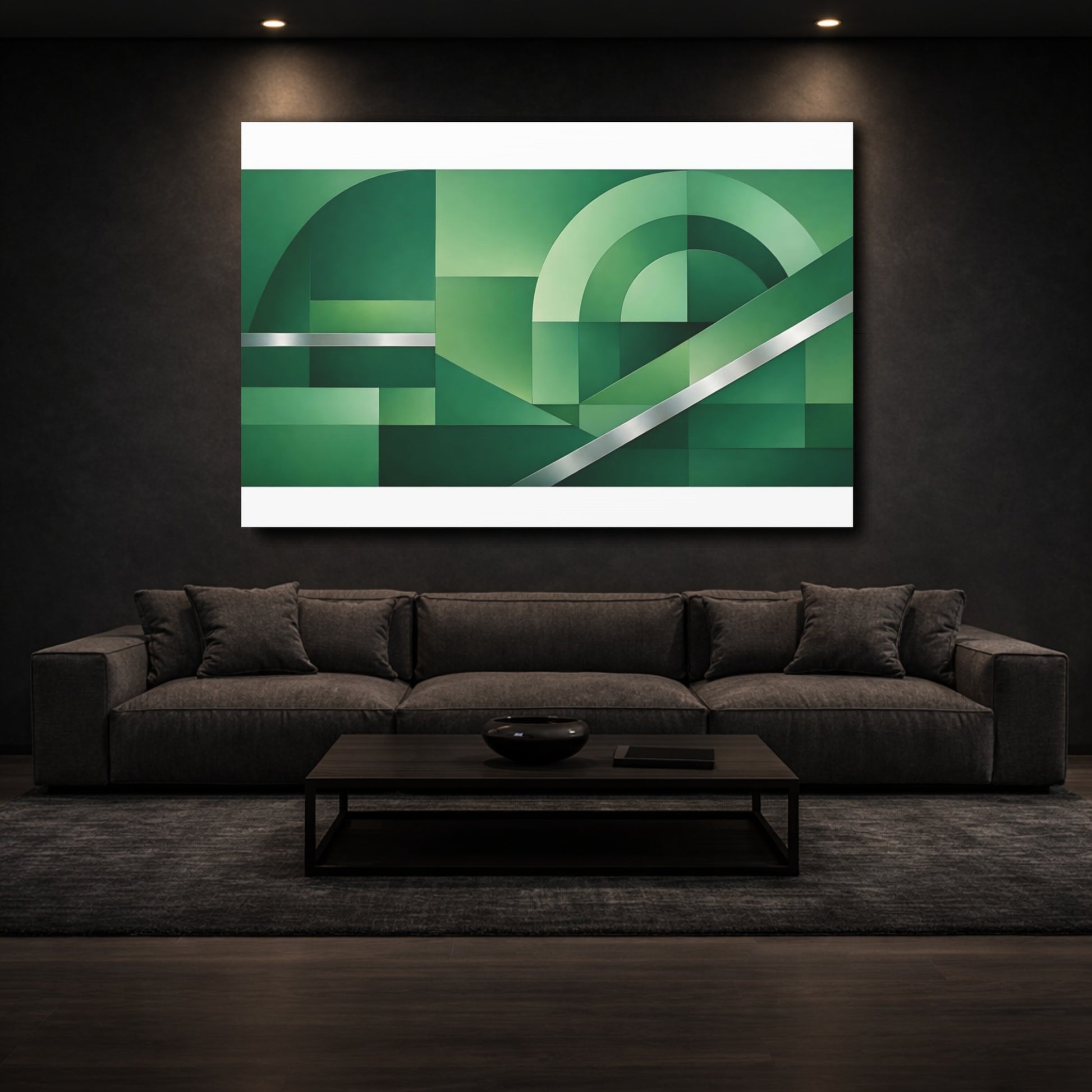 Mockup 2. Abstract Geometric Forms Green And Silver shown as stretched canvas wall art