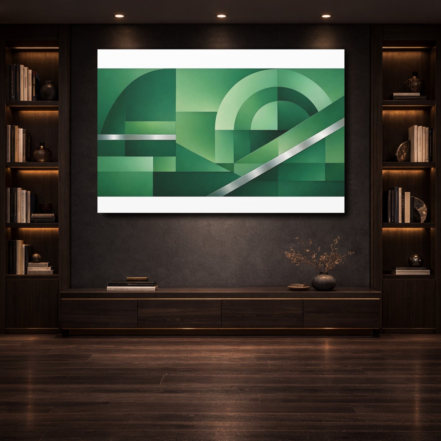 Mockup 3. Abstract Geometric Forms Green And Silver shown as stretched canvas wall art