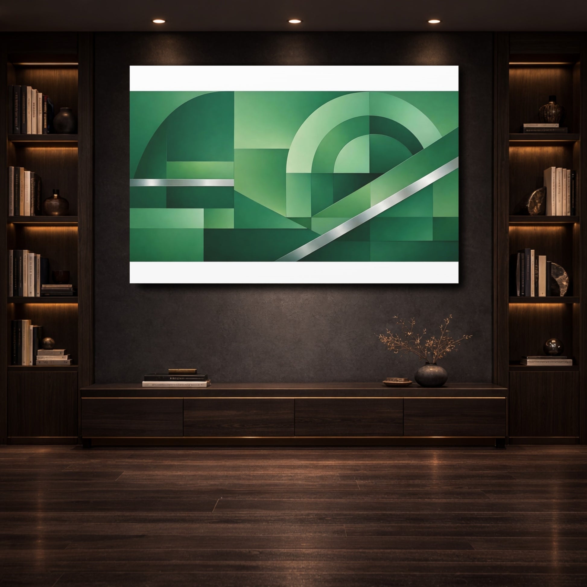 Mockup 3. Abstract Geometric Forms Green And Silver shown as stretched canvas wall art